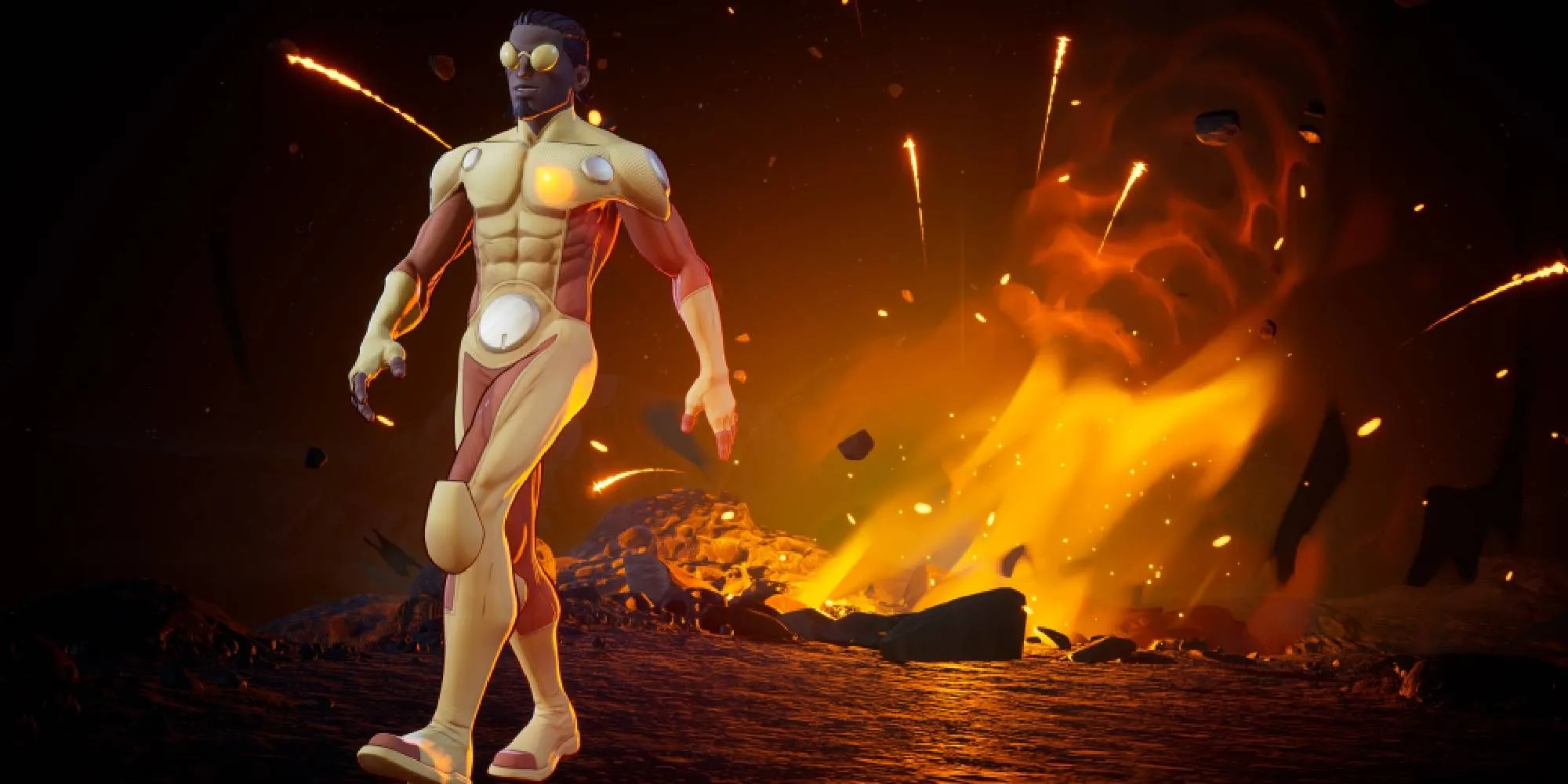 Bulletproof hiên ngang bước đi giữa bối cảnh đổ nát sau vụ nổ trong Invincible Vs, thể hiện sự hủy diệt của game.