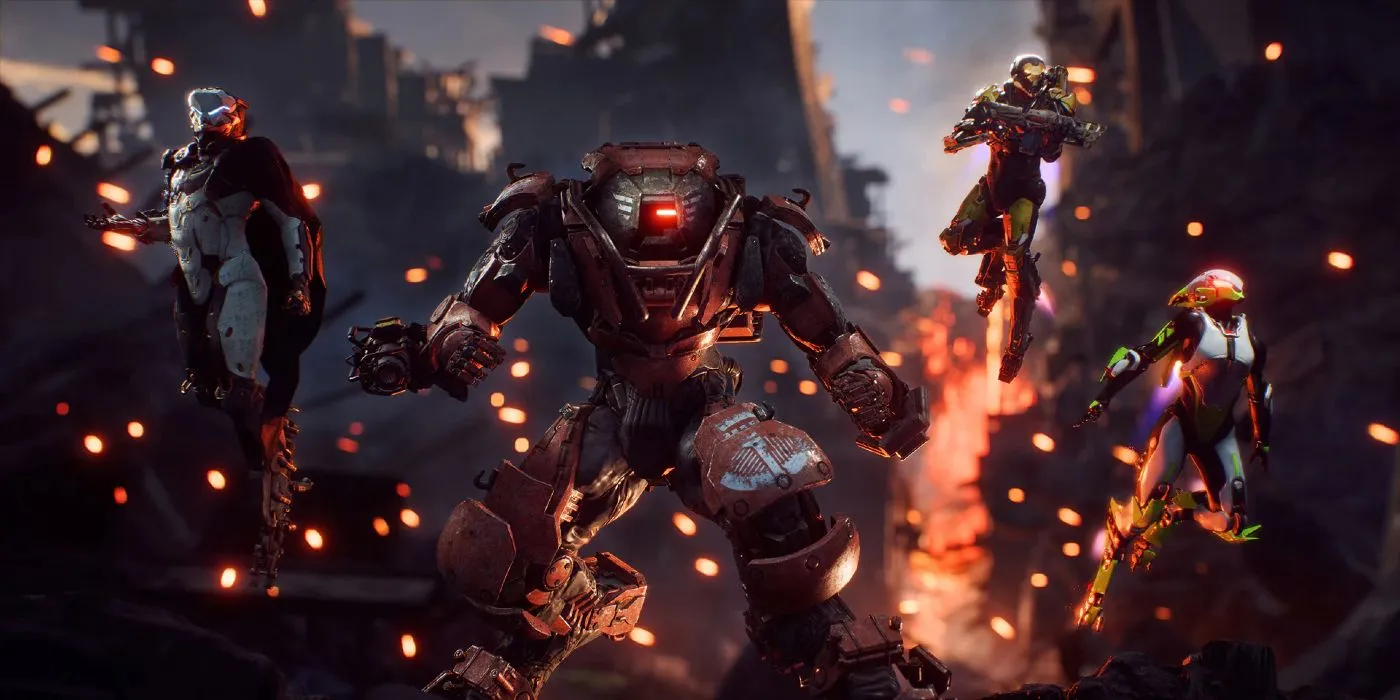Các Freelancer của Anthem đang bay lượn trên dung nham, thể hiện gameplay đặc trưng của game online này.