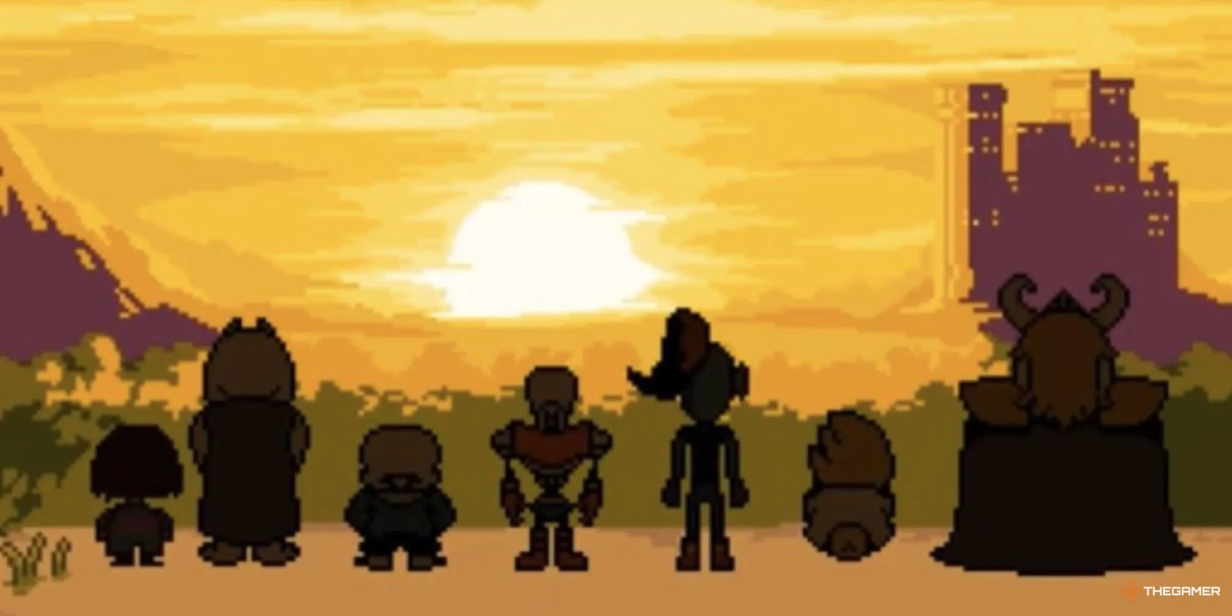 Các nhân vật biểu tượng của Undertale gồm Frisk, Toriel, Sans và Papyrus cùng nhau ngắm hoàng hôn, gợi cảm giác về cái kết của game.