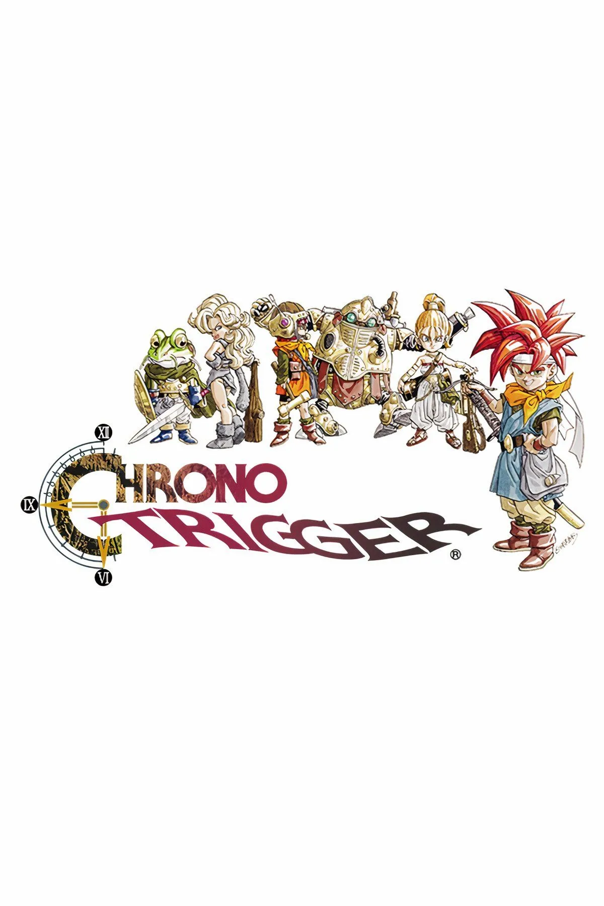 Các nhân vật chính của Chrono Trigger như Crono, Marle và Lucca trong các phân cảnh game.