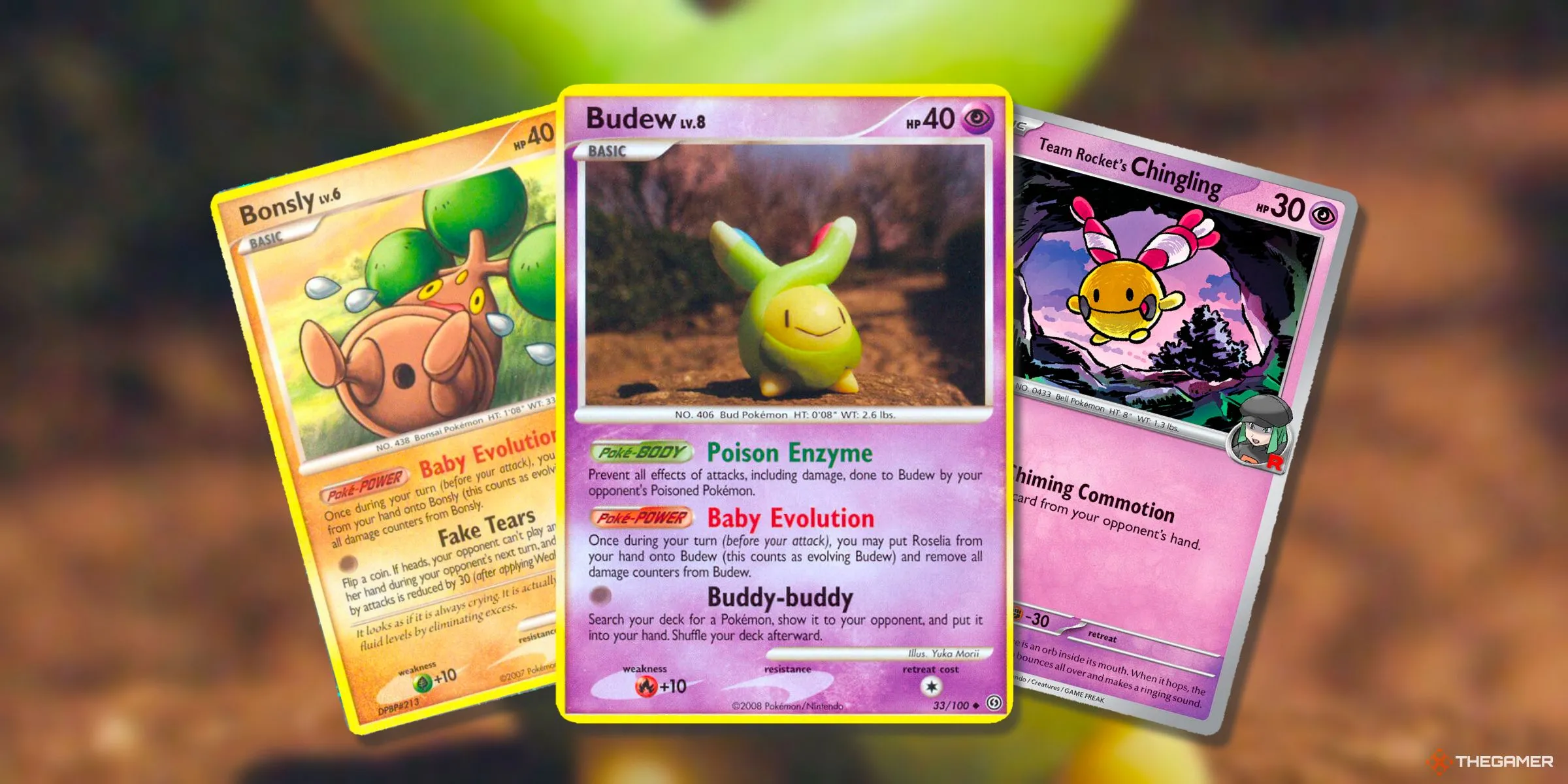Các thẻ bài Pokemon baby Sinnoh như Bonsly, Budew và Chingling, thường có vấn đề về cơ chế tiến hóa trong Pokemon TCG