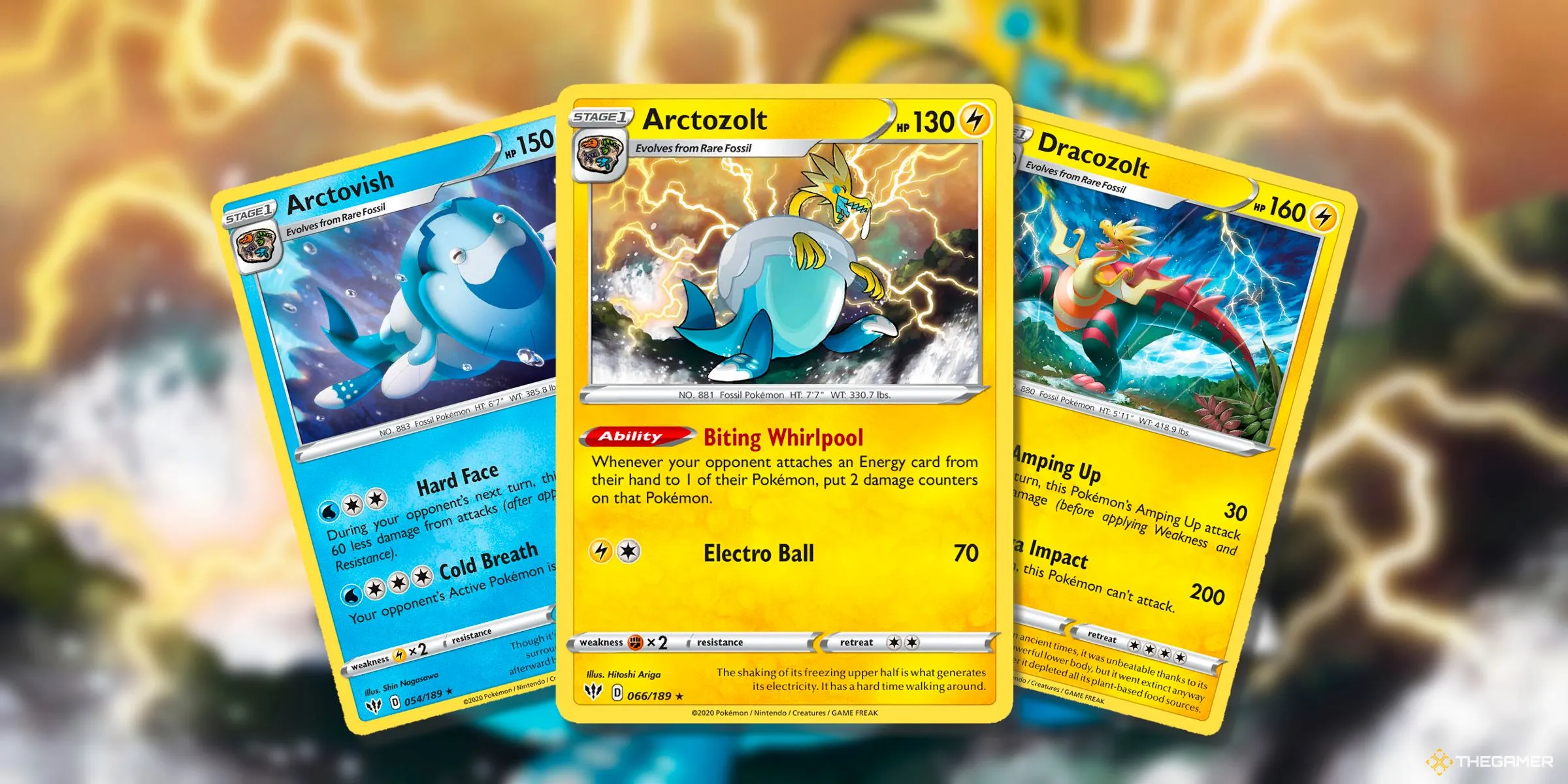 Các thẻ bài Pokemon hóa thạch vùng Galar Arctovish, Arctozolt và Dracozolt, thường ít xuất hiện vì thiết kế độc đáo và khó hiểu của chúng