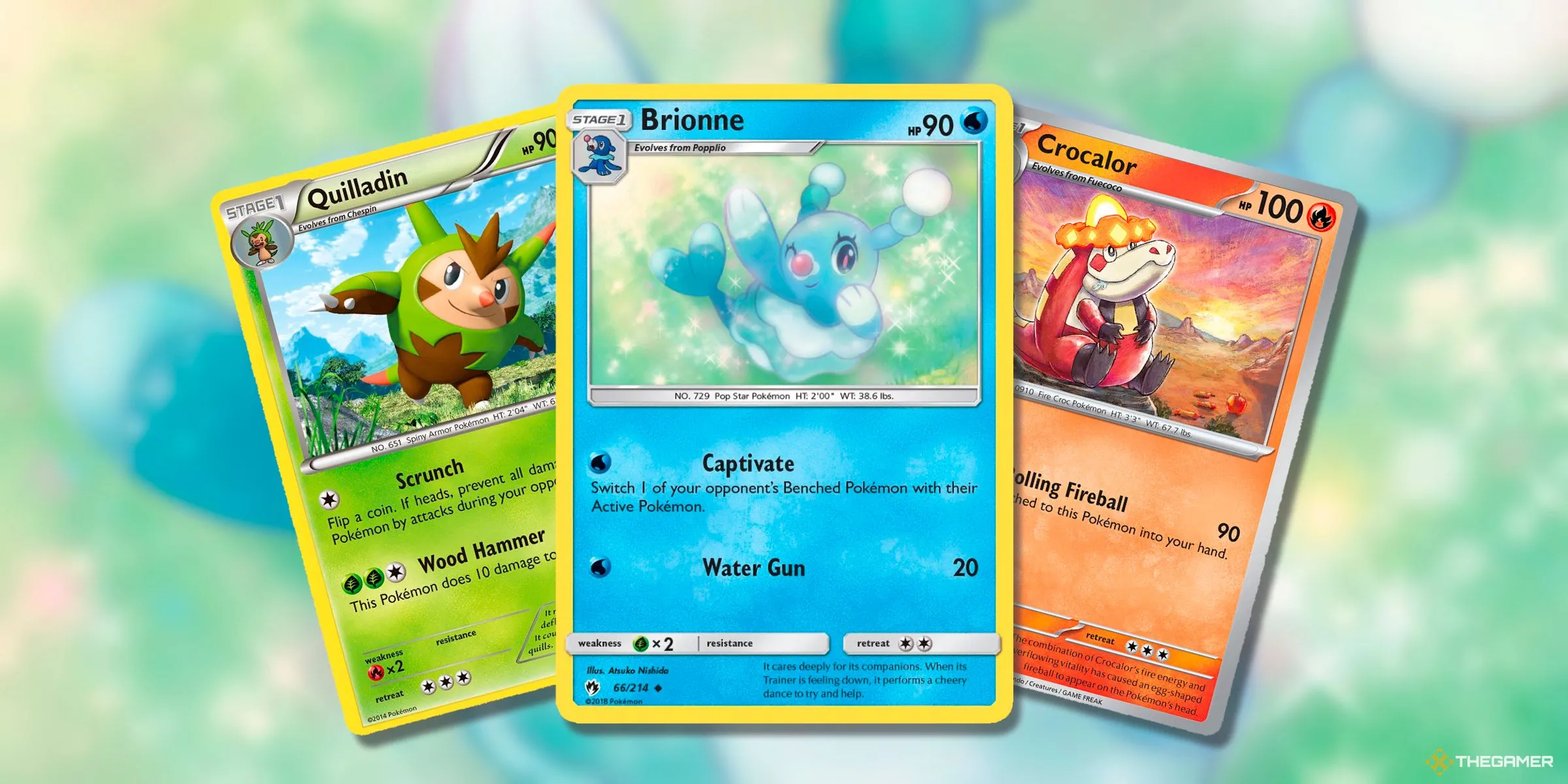 Các thẻ bài Pokemon tiến hóa giữa như Quilladin, Brionne và Crocalor từ nhiều kỷ nguyên TCG, thường bị coi là &quot;giai đoạn tuổi teen&quot; kém hấp dẫn