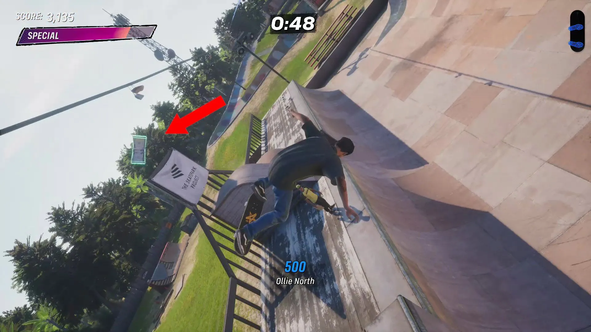 Cách lấy tiền mặt Cash #3 trên halfpipe, phía trên biển báo 'The Skater Park Project' ở khu Kona Tony Hawk's