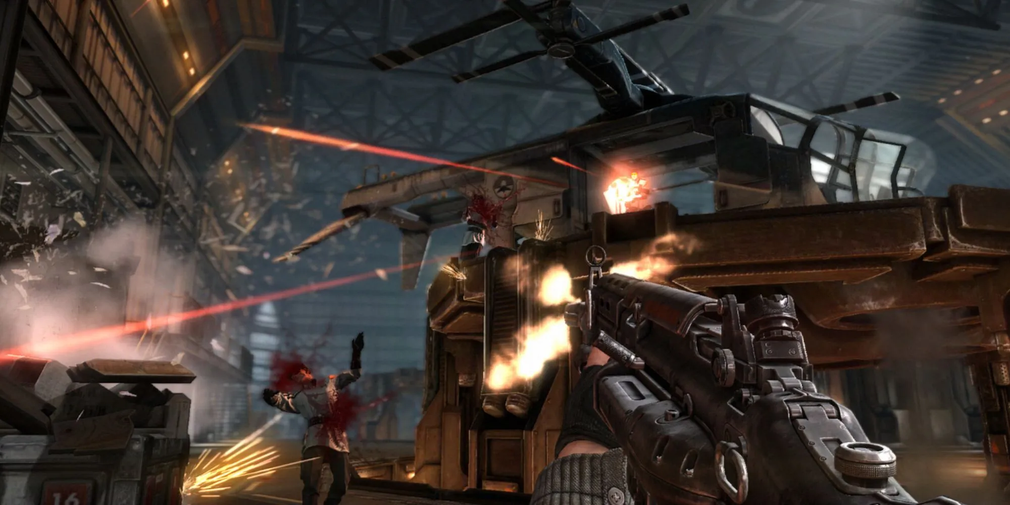 Cảnh bắn vào lính Phát xít trong Wolfenstein The New Order, thể hiện tính hành động của game