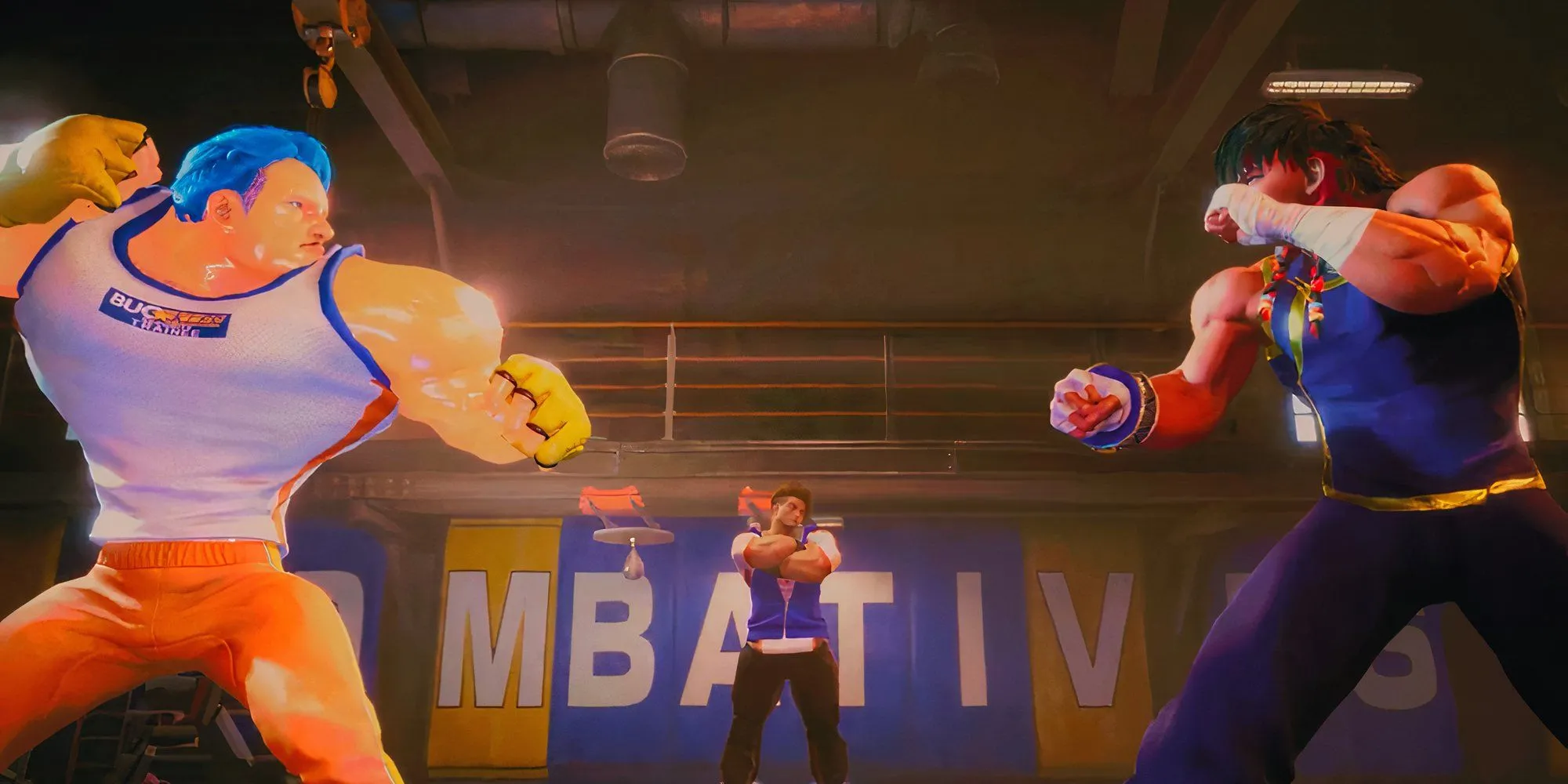 Cảnh chiến đấu kịch tính với nhân vật nam vạm vỡ trong Street Fighter 6