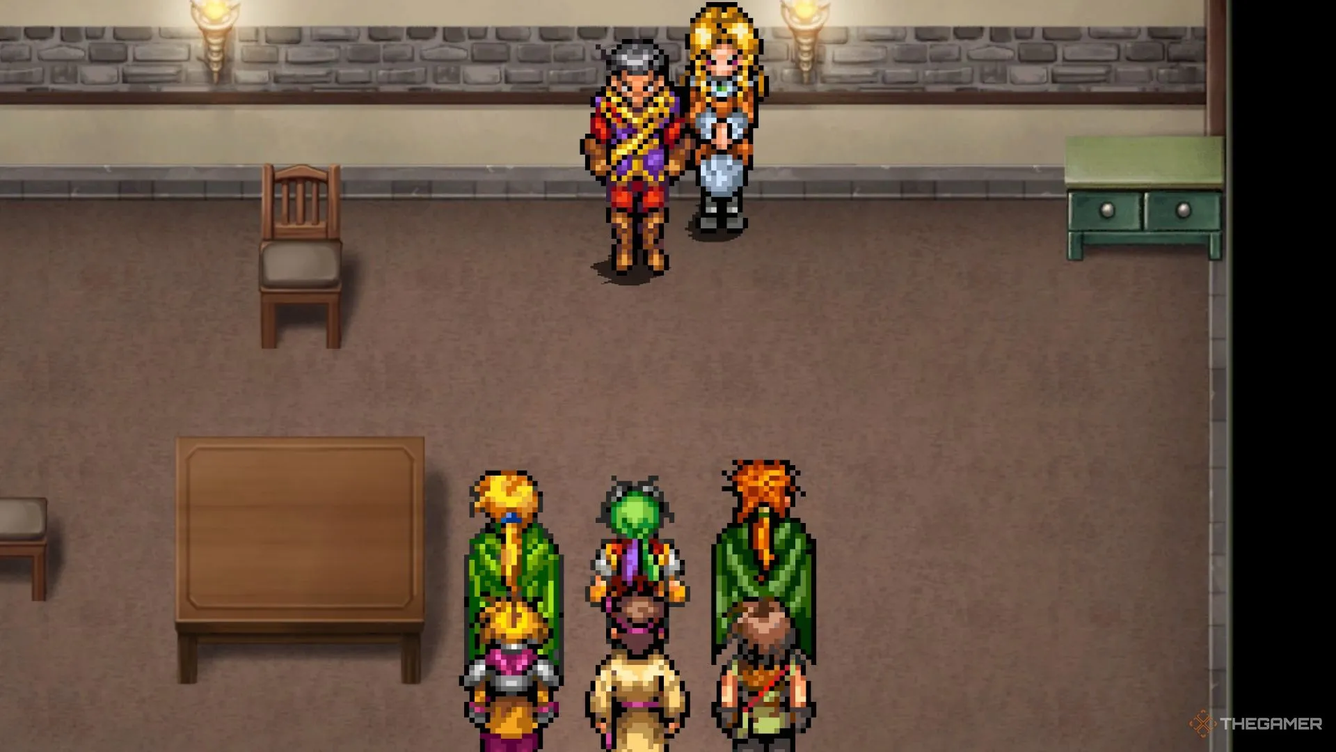Cảnh đối đầu căng thẳng với Kraze và Lepant trong bản remaster của tựa game JRPG kinh điển Suikoden.