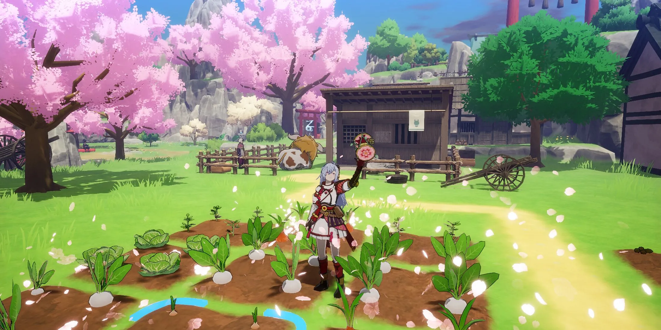 Cảnh farming (trồng trọt) đặc trưng trong Rune Factory Guardians of Azuma, minh họa cơ chế nông nghiệp của game.