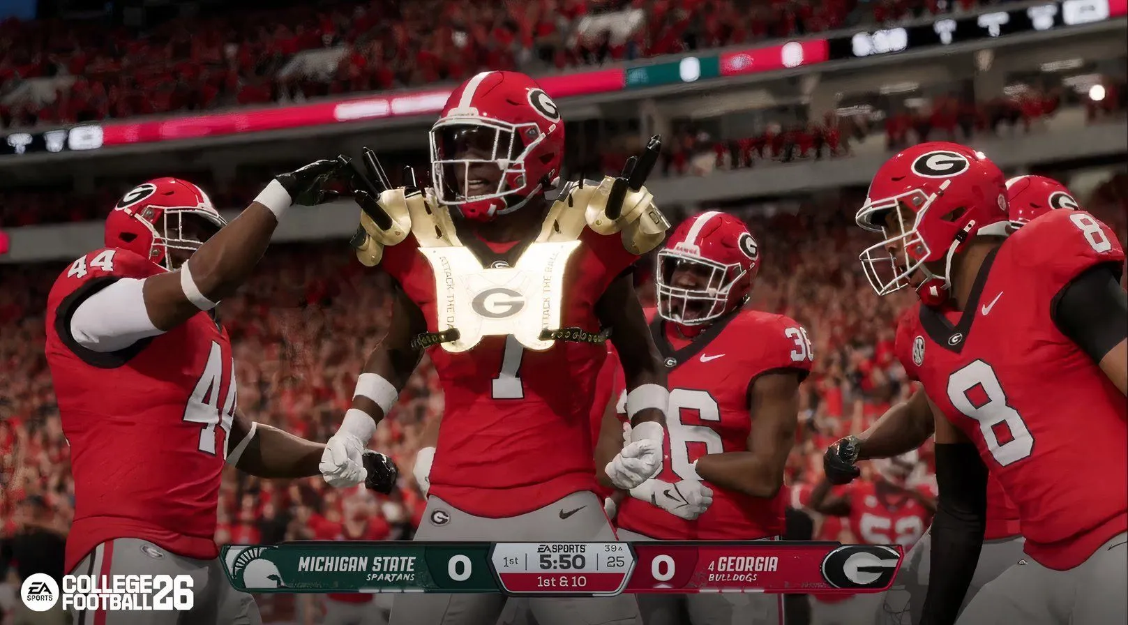 Cảnh gameplay College Football 26 với các cầu thủ phòng ngự và tấn công tranh chấp, làm nổi bật cơ chế Block Steering và các kỹ thuật D-line mới.