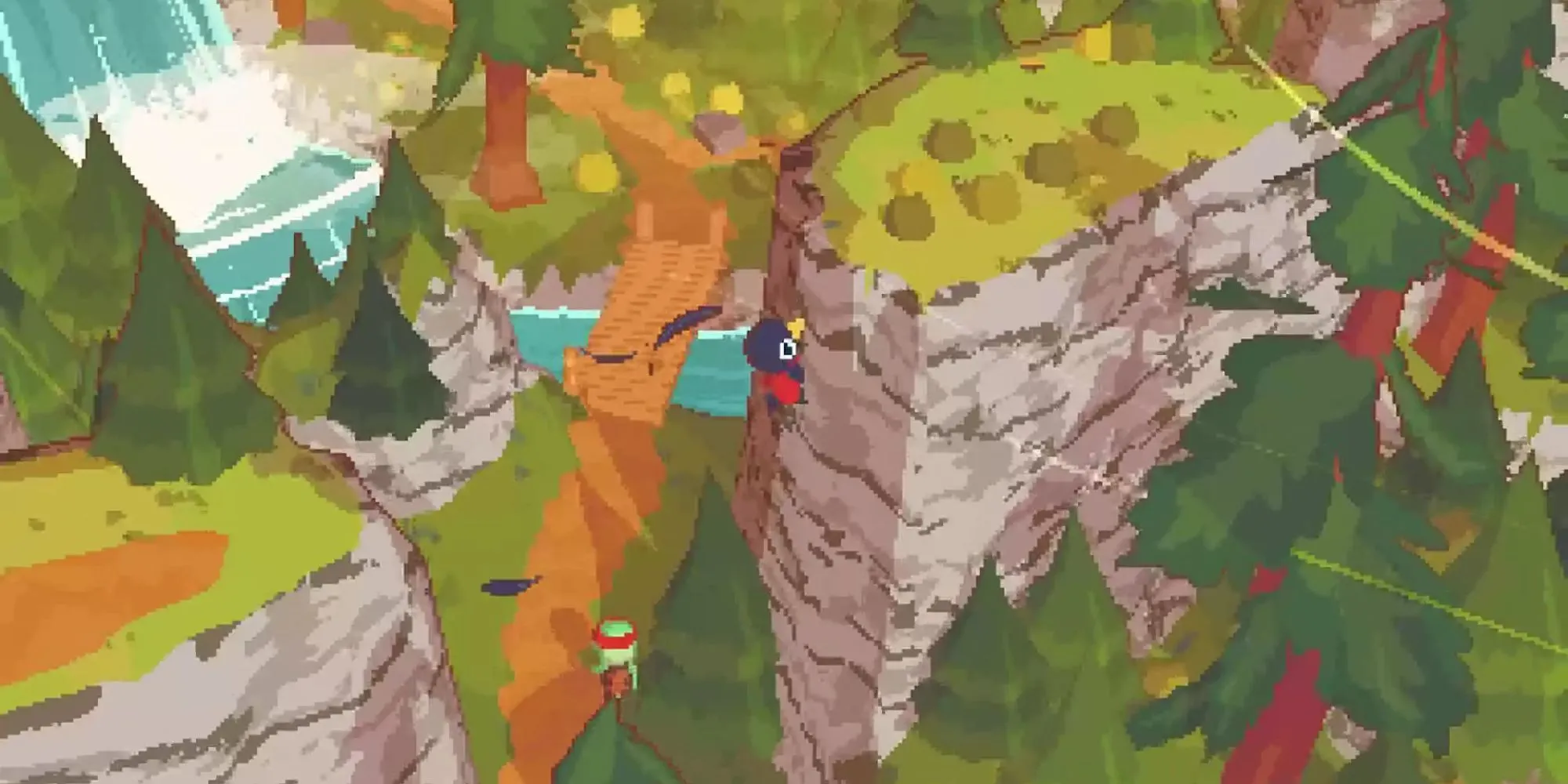 Cảnh leo núi trong game A Short Hike, thể hiện không khí thư giãn, đáng yêu và lối chơi khám phá thế giới mở.