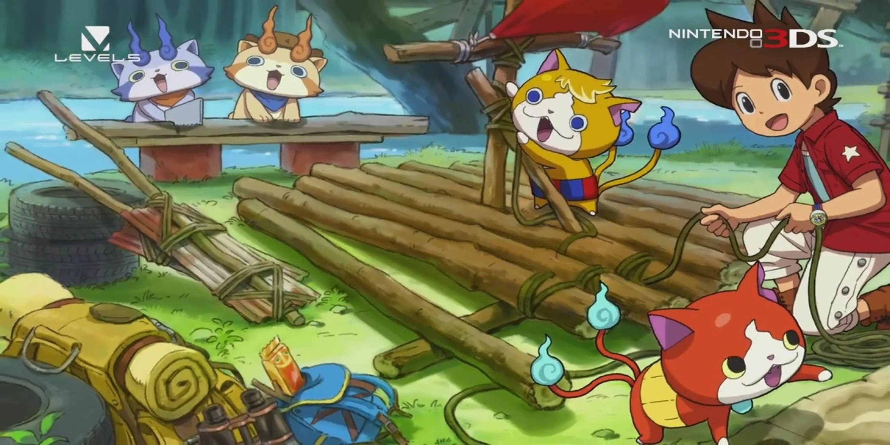 Cảnh nhân vật chính xây bè cùng mèo con trong Yo-kai Watch 3, thể hiện các hoạt động phụ độc đáo