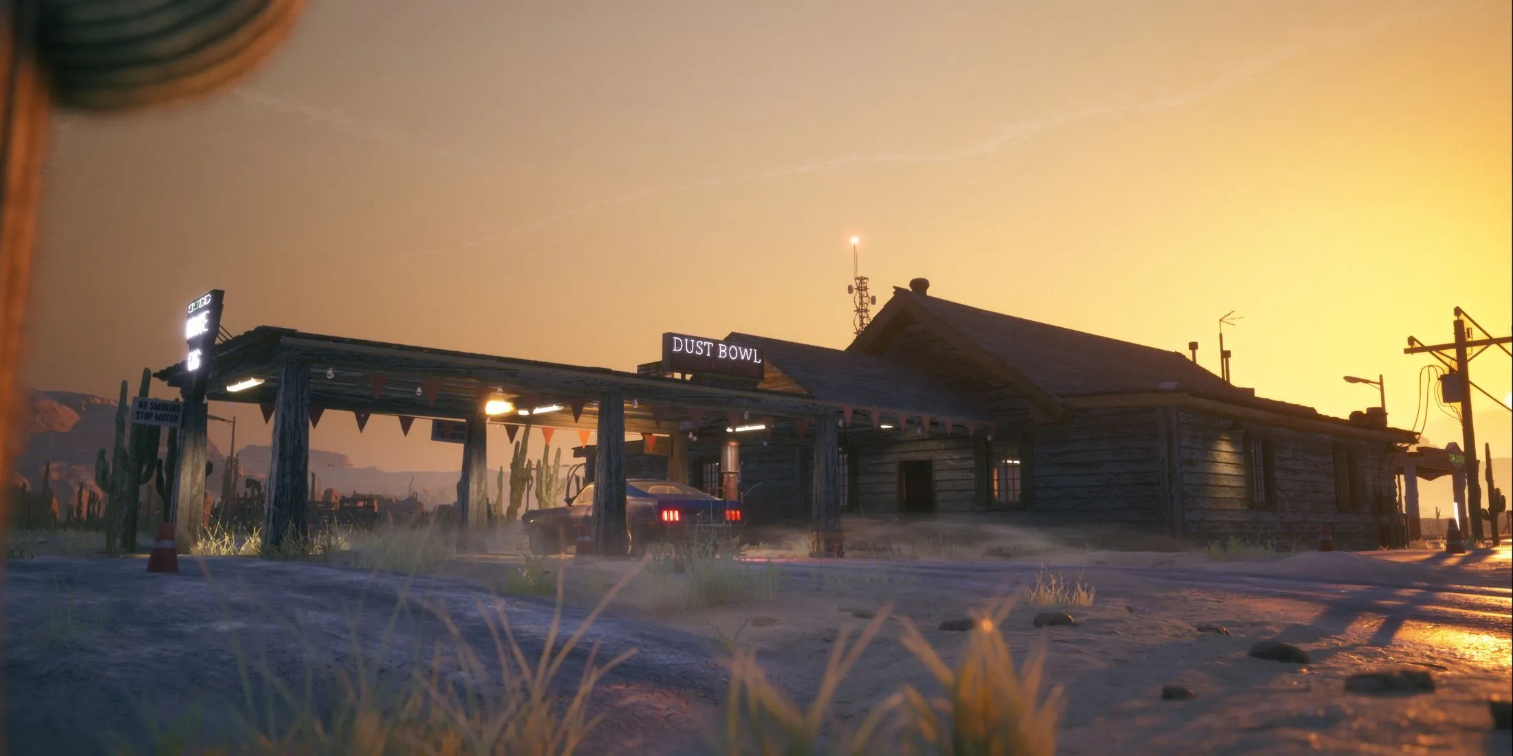 Cảnh quan của trạm xăng Gas Station Simulator, bao quanh bởi sa mạc, nơi zombie có thể xuất hiện