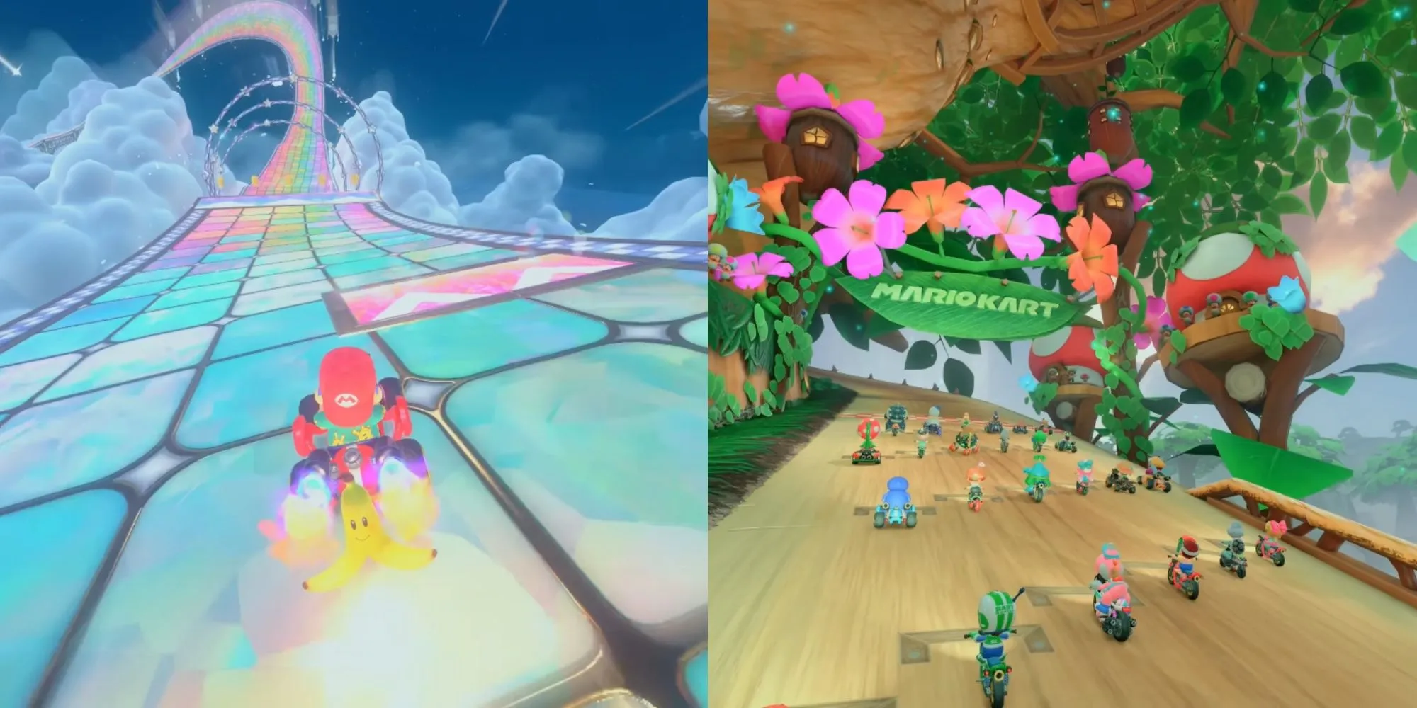 Cảnh quan rực rỡ của đường đua Rainbow Road và Acorn Heights trong Mario Kart World, minh chứng cho sức hấp dẫn bền vững của series.