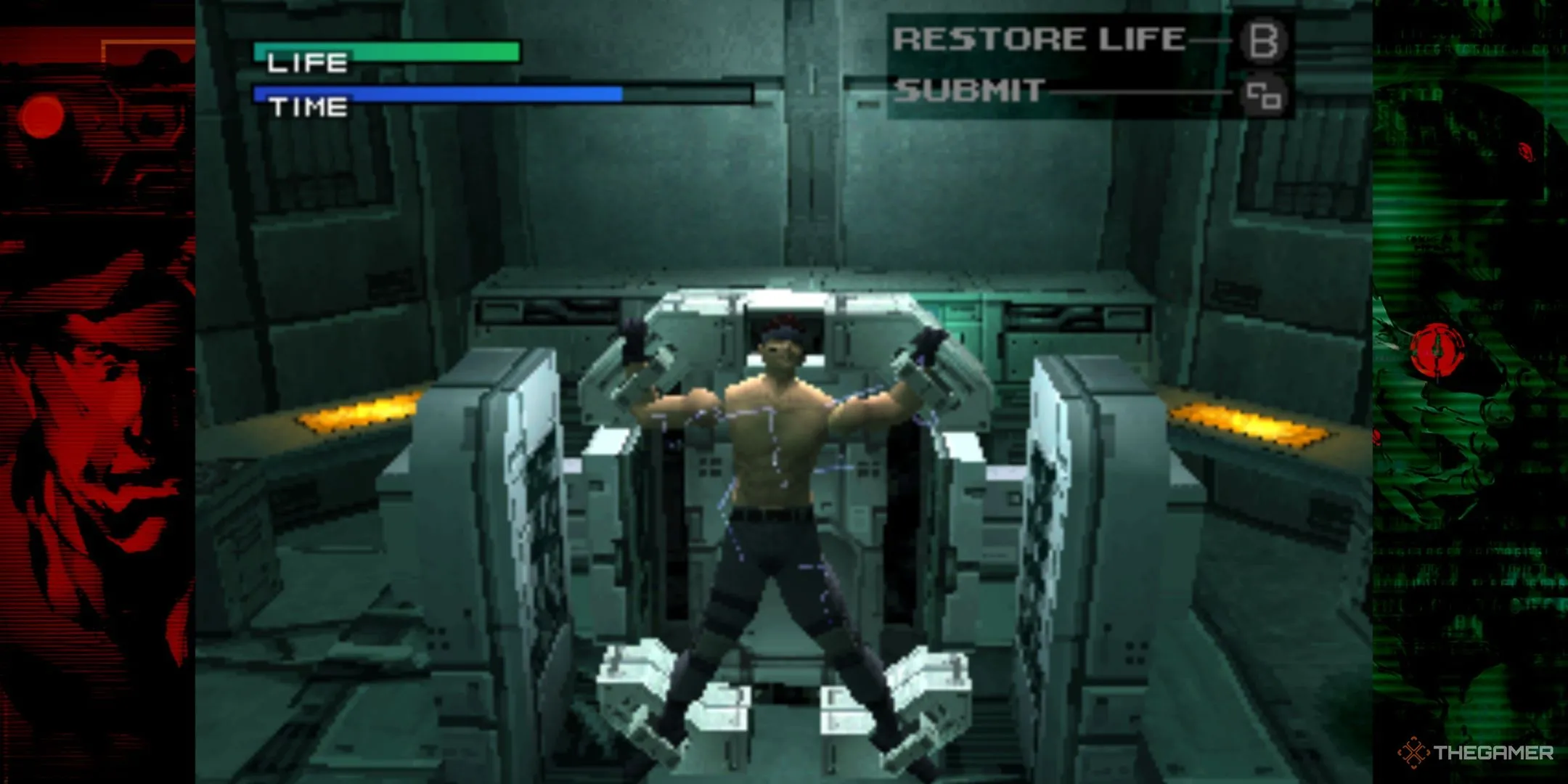 Cảnh Solid Snake bị tra tấn điện giật bởi Revolver Ocelot trong Metal Gear Solid 1.