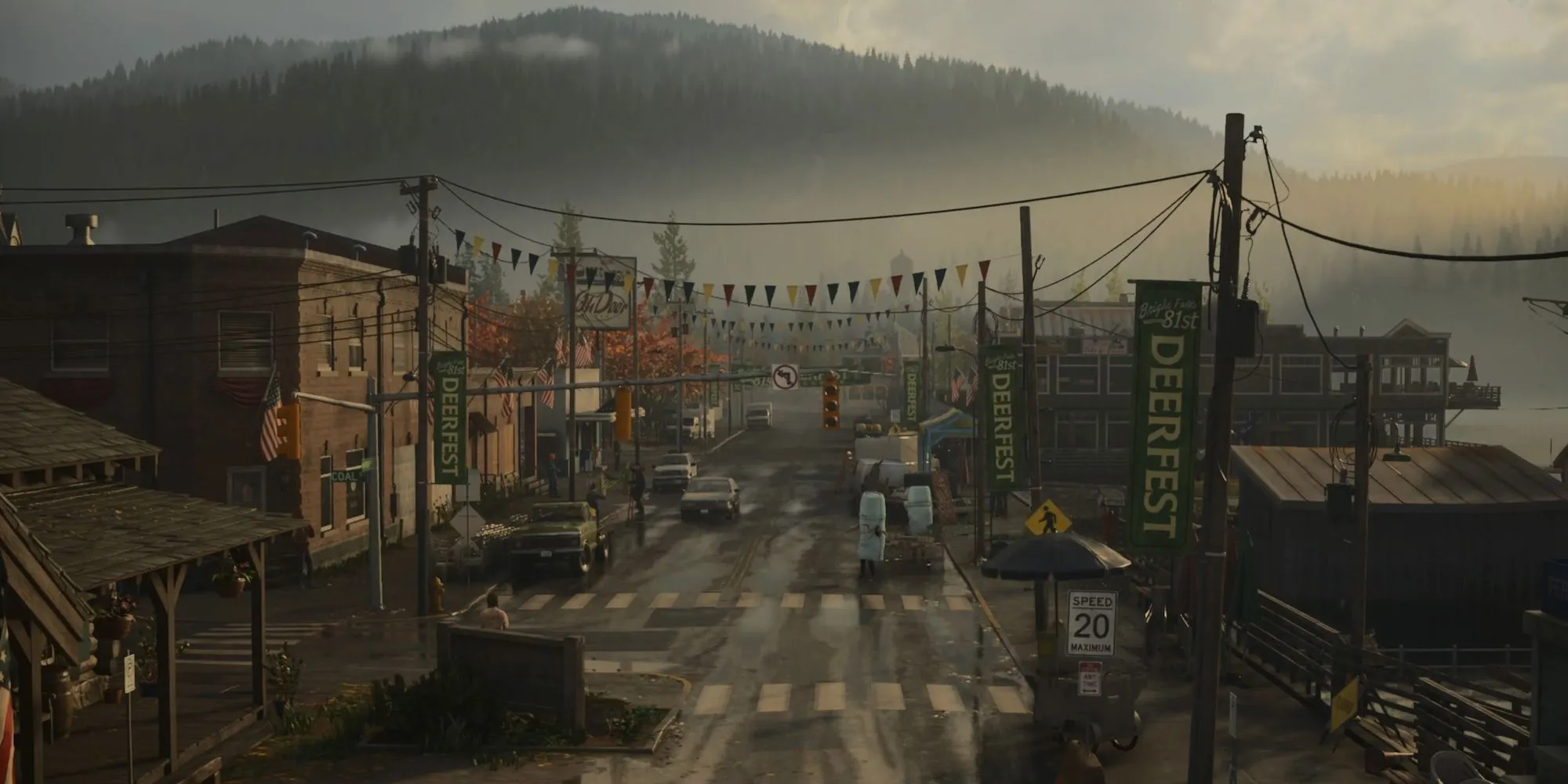 Cảnh thị trấn Bright Falls trong Alan Wake 2, thể hiện sự đối lập giữa vẻ đẹp yên bình ban ngày và bóng tối bao trùm khi đêm xuống.