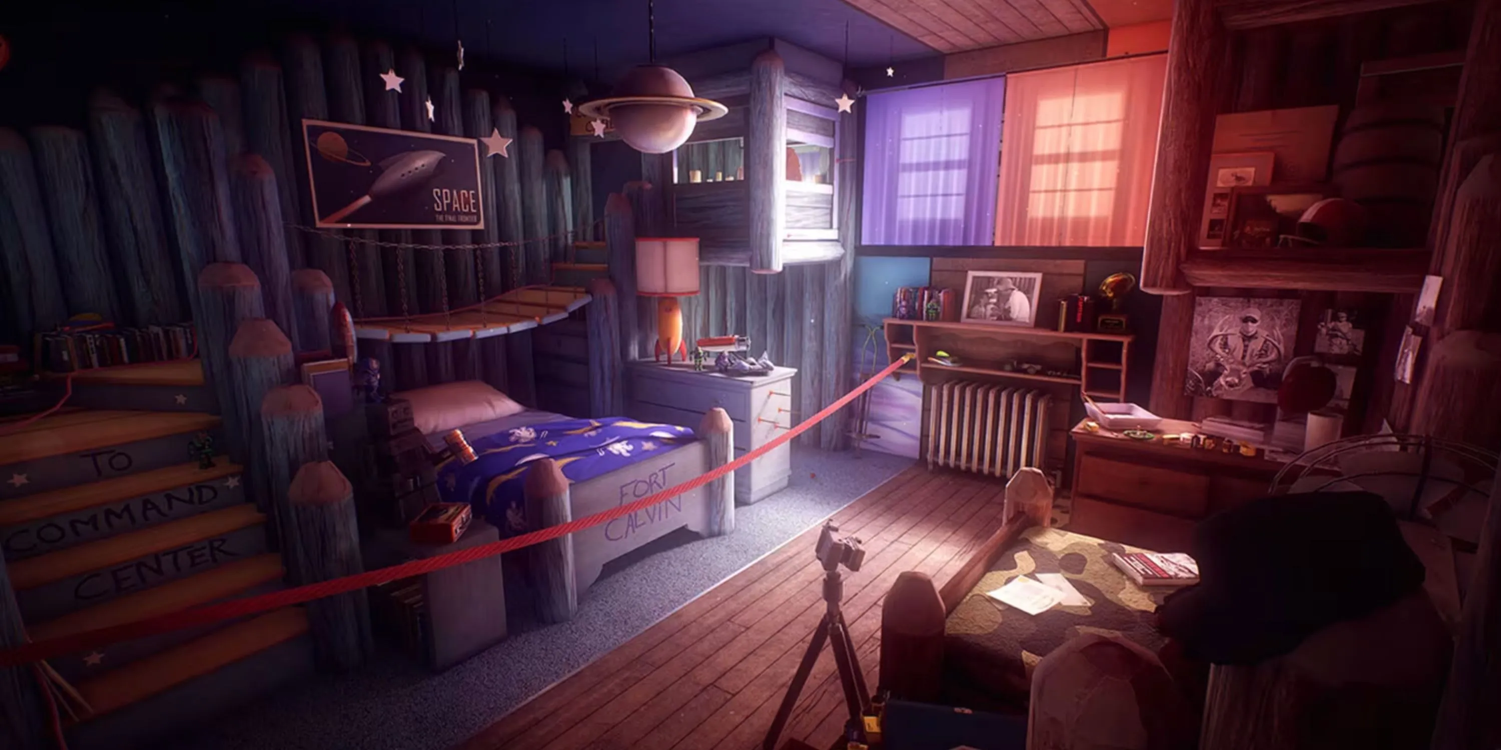 Cảnh trong game What Remains of Edith Finch, cho thấy không gian nội thất đặc trưng của ngôi nhà bí ẩn, nơi mỗi căn phòng ẩn chứa một câu chuyện.