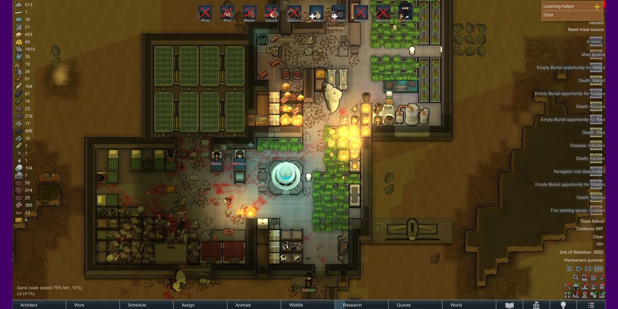 Cảnh tượng thuộc địa RimWorld đang sụp đổ với lửa cháy lan rộng, cư dân và Mechanoid tử trận