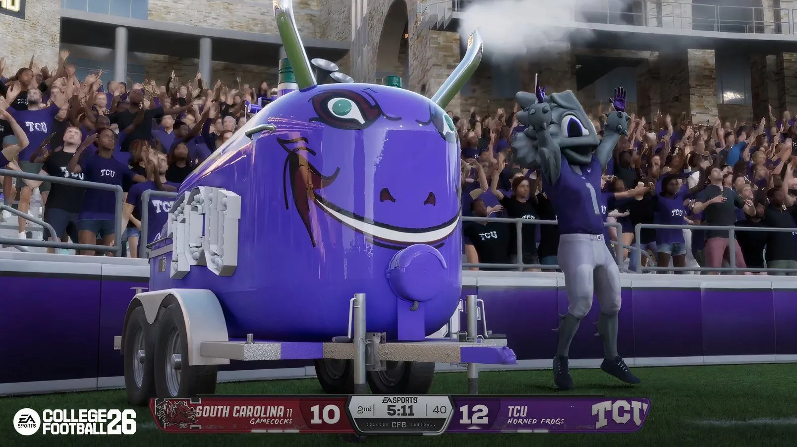 Cảnh va chạm đầy uy lực trong College Football 26, minh họa hiệu ứng của engine vật lý mới mang lại sự chân thực trong từng pha tackle và tranh chấp bóng.
