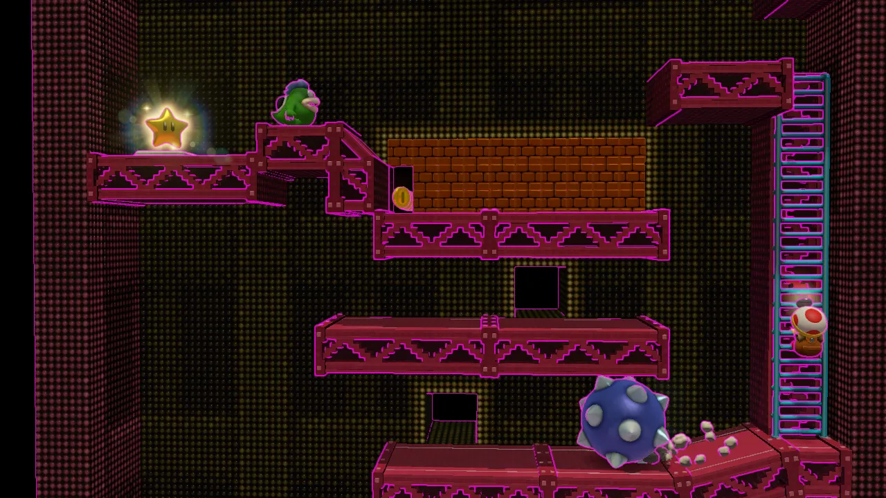 Cấp độ Retro Ramp-Up trong game Captain Toad: Treasure Tracker với phong cách gợi nhớ trò chơi Donkey Kong cổ điển