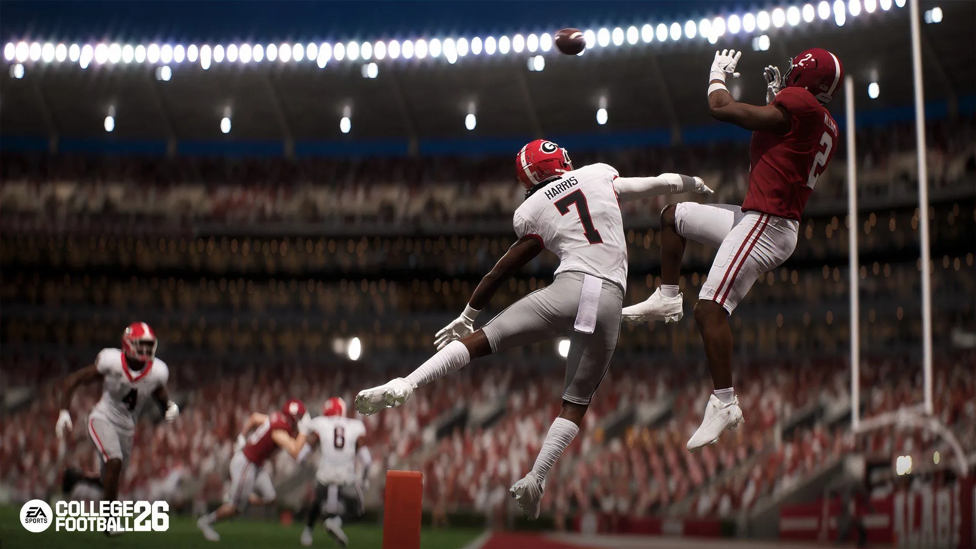 Cầu thủ Ryan Williams thực hiện pha bắt bóng đầy kịch tính trong College Football 26, thể hiện đồ họa và animation chân thực của game.