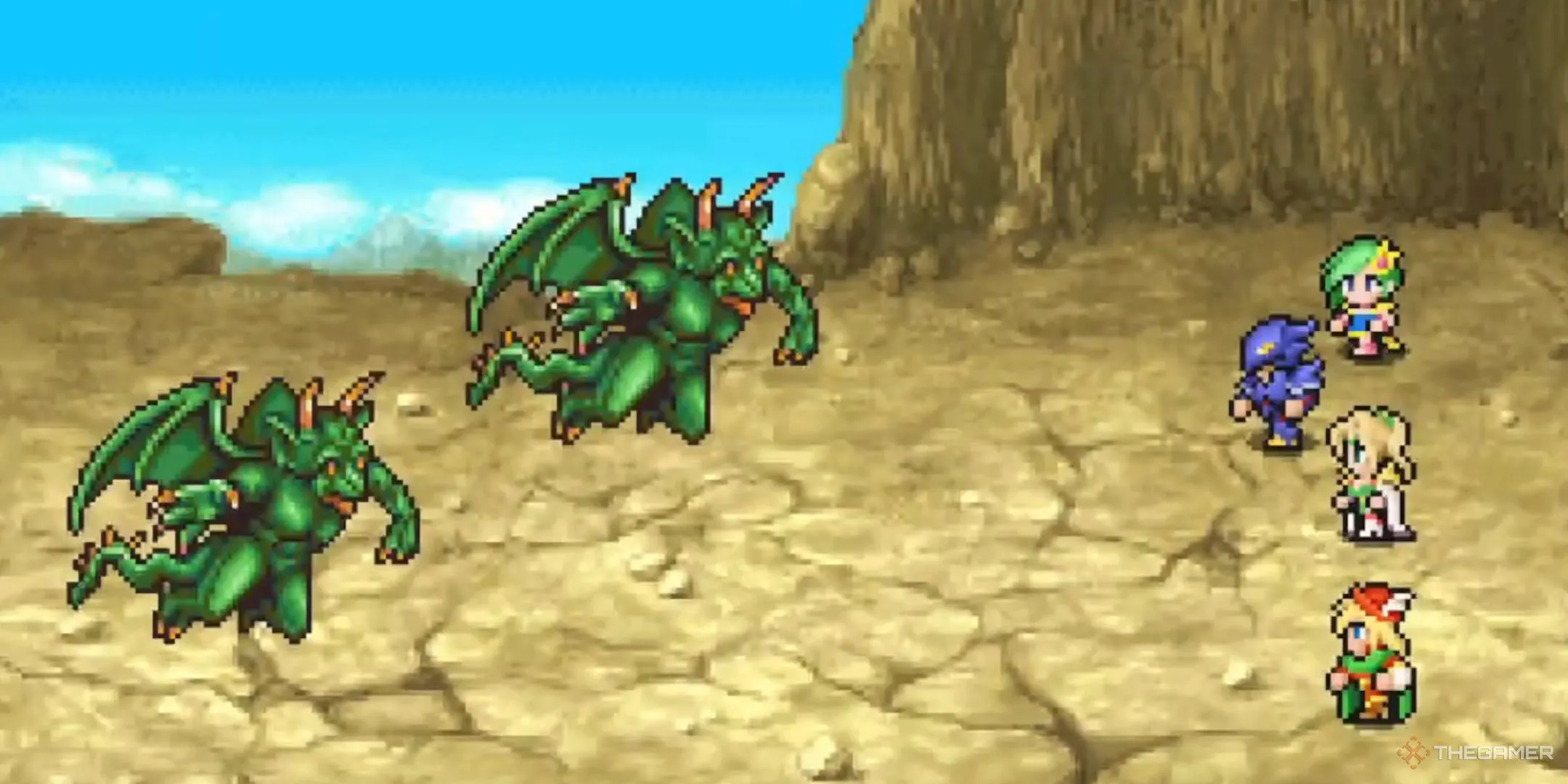 Cecil và đội của mình chiến đấu với quái vật bay trong Final Fantasy 4, một cảnh chiến đấu đặc trưng của JRPG 16-bit.