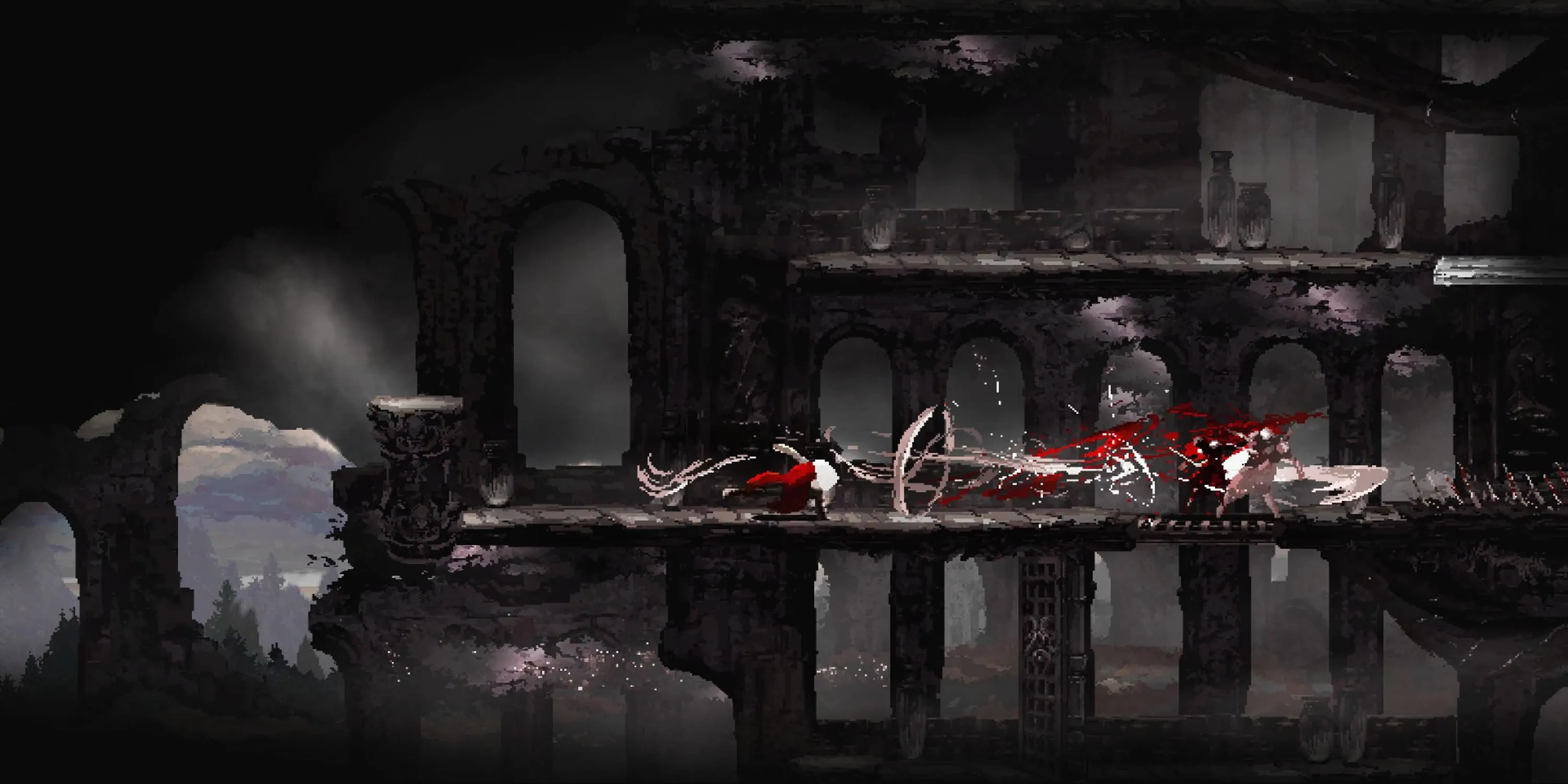 Chiến binh Grey Irma tung đòn tấn công kẻ thù trong Moonscars, game hành động 2D Soulslike với đồ họa đơn sắc