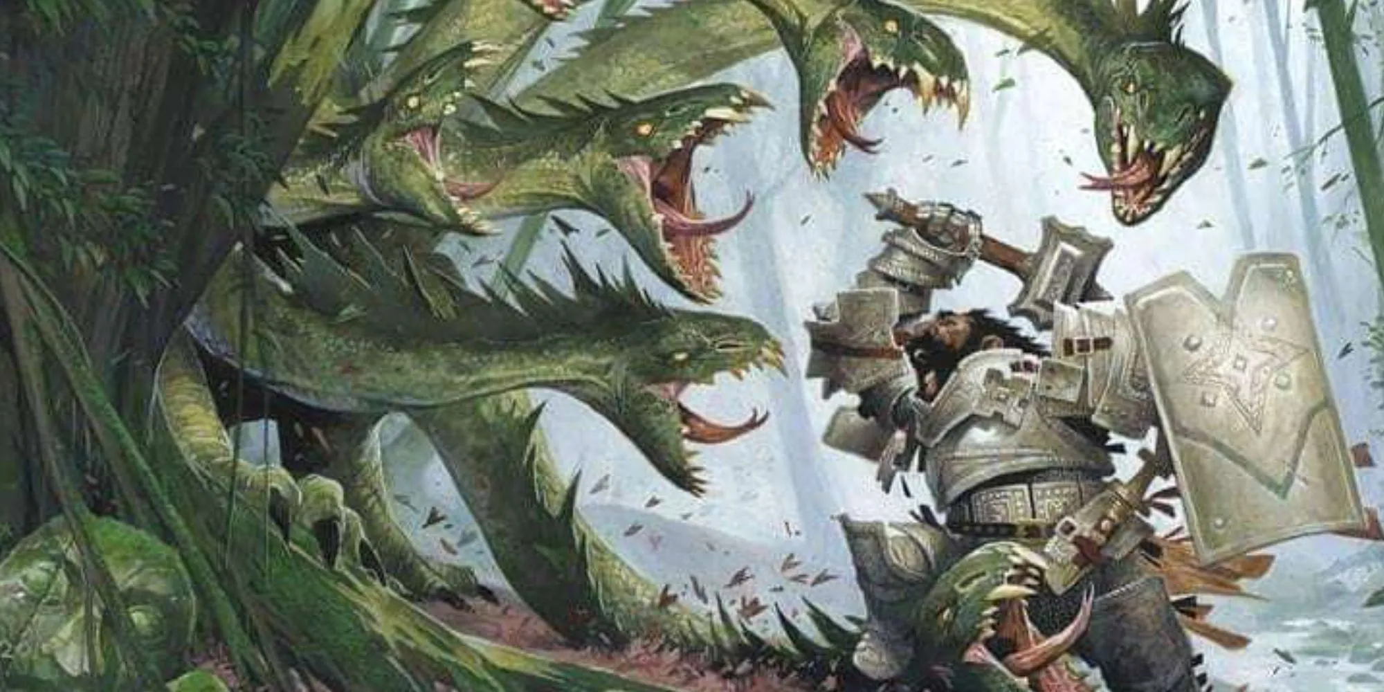 Chiến binh người lùn chiến đấu với Hydra trong Dungeons &amp; Dragons, minh họa chiến dịch săn quái vật