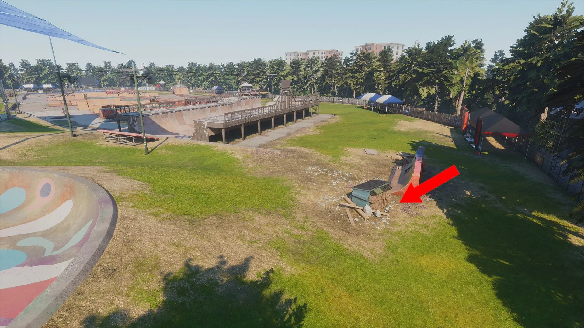 Chú gấu bông Panda nằm sau thùng rác lớn tại khu vực halfpipe phía sau ở Kona trong Tony Hawk's Pro Skater 4
