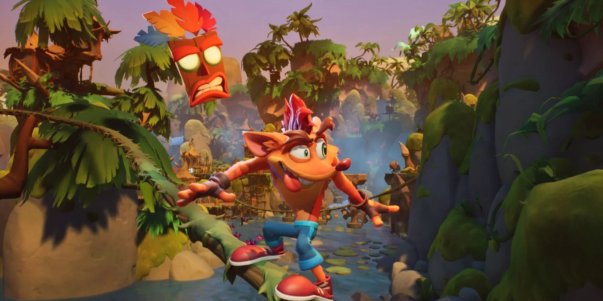 Crash trượt trên dây leo trong Crash Bandicoot 4