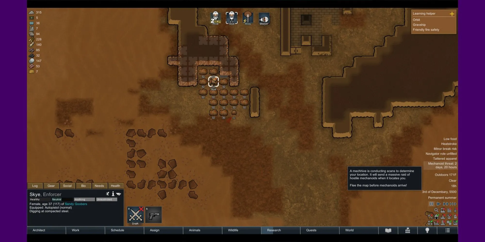 Cư dân đang khai thác thép trên Hex mới, kèm cảnh báo về Mechanoid trong RimWorld