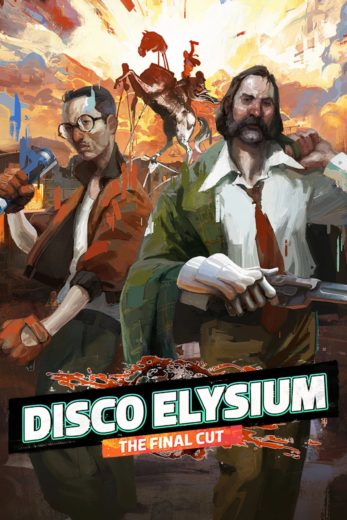 Disco Elysium game art showing the protagonist, a disheveled detective, in a grim urban setting.