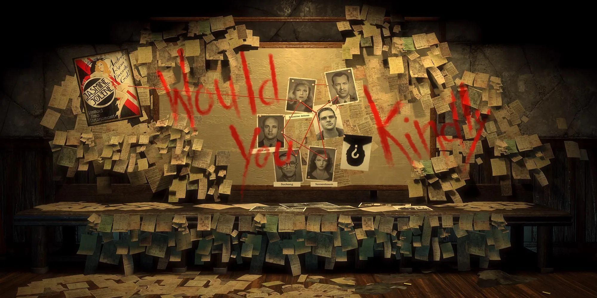 Dòng chữ &quot;Would You Kindly&quot; viết bằng màu đỏ trên tường trong Bioshock, một chi tiết cốt truyện quan trọng