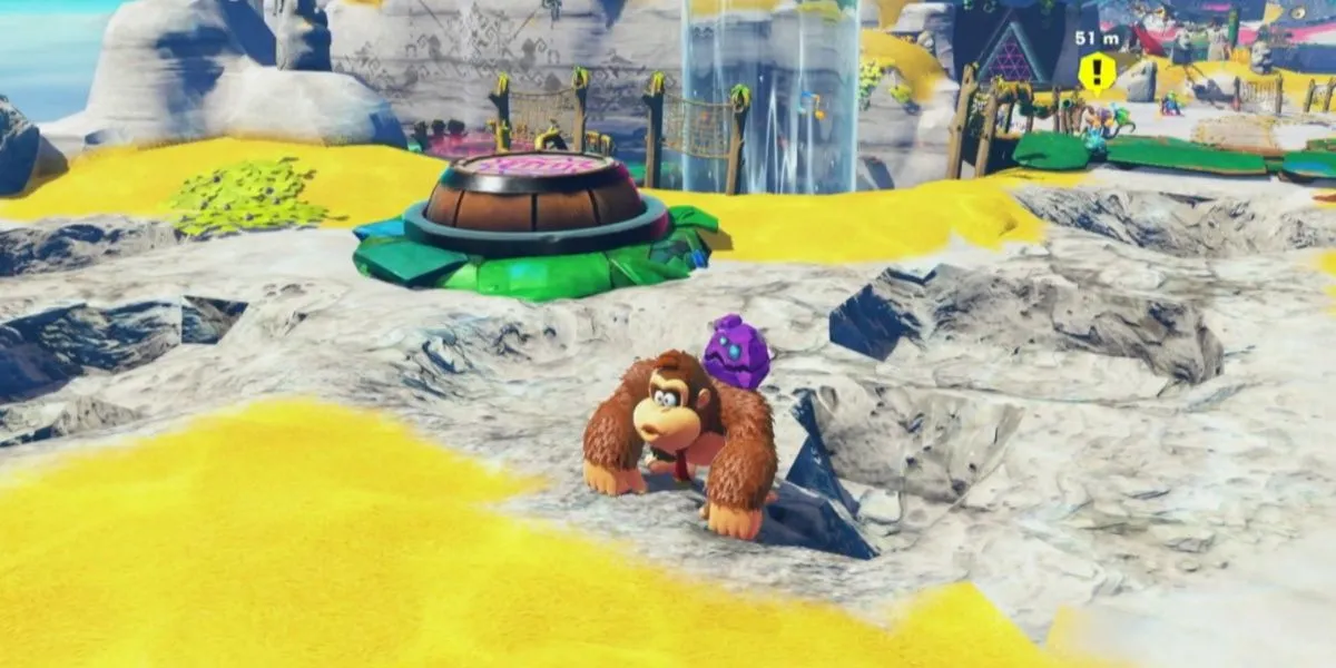 Donkey Kong đang hú gọi, tạo ra những nốt nhạc phát sáng bay lượn, hướng dẫn người chơi đi đúng đường và tương tác với môi trường trong Donkey Kong Bananza.