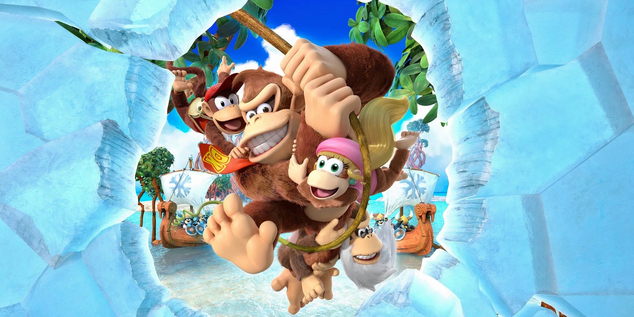 Donkey Kong và bạn bè băng qua phong cảnh băng giá trong tựa game Donkey Kong Country: Tropical Freeze