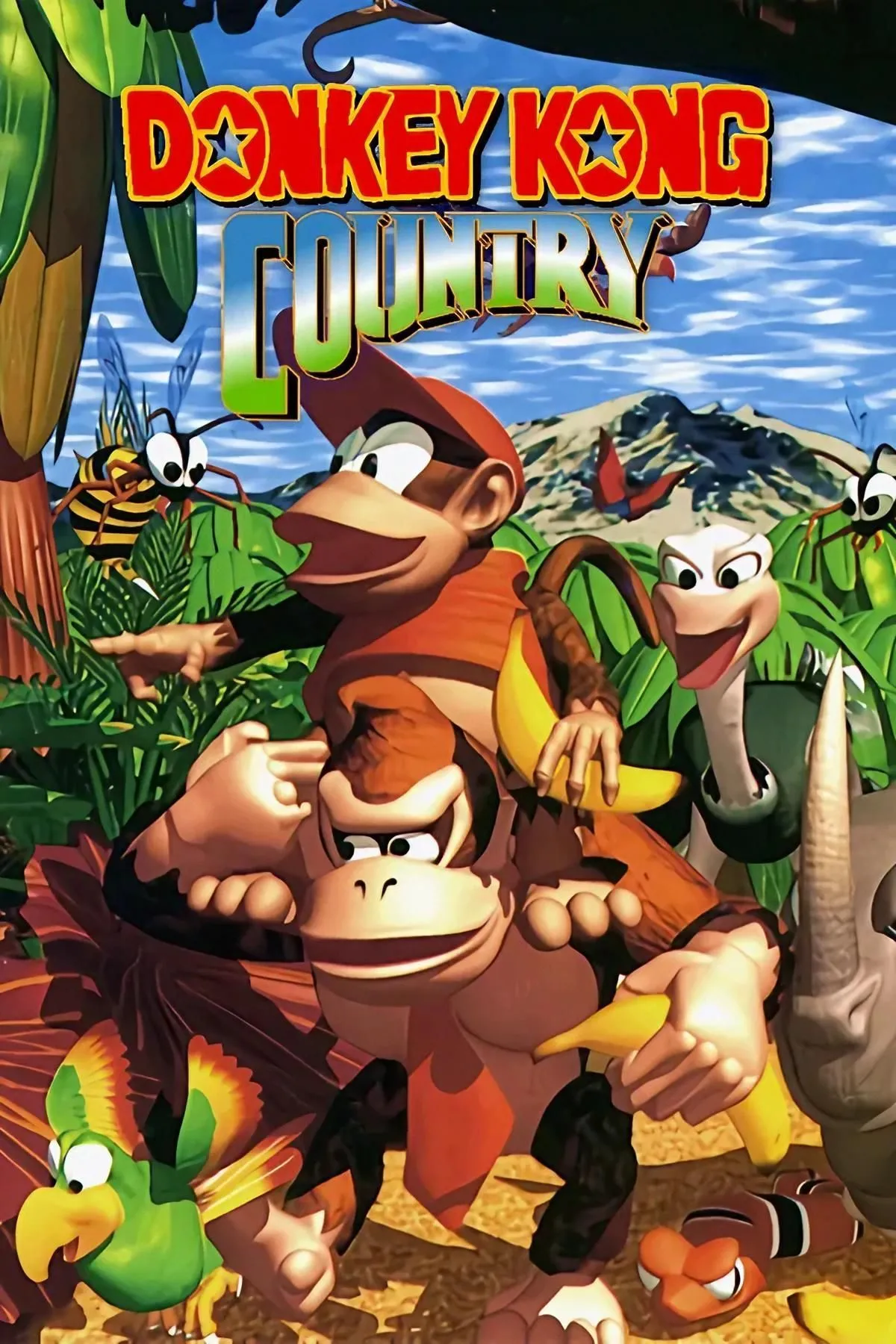 Donkey Kong và Diddy Kong trên bìa game Donkey Kong Country, biểu tượng của thể loại platformer trên SNES.
