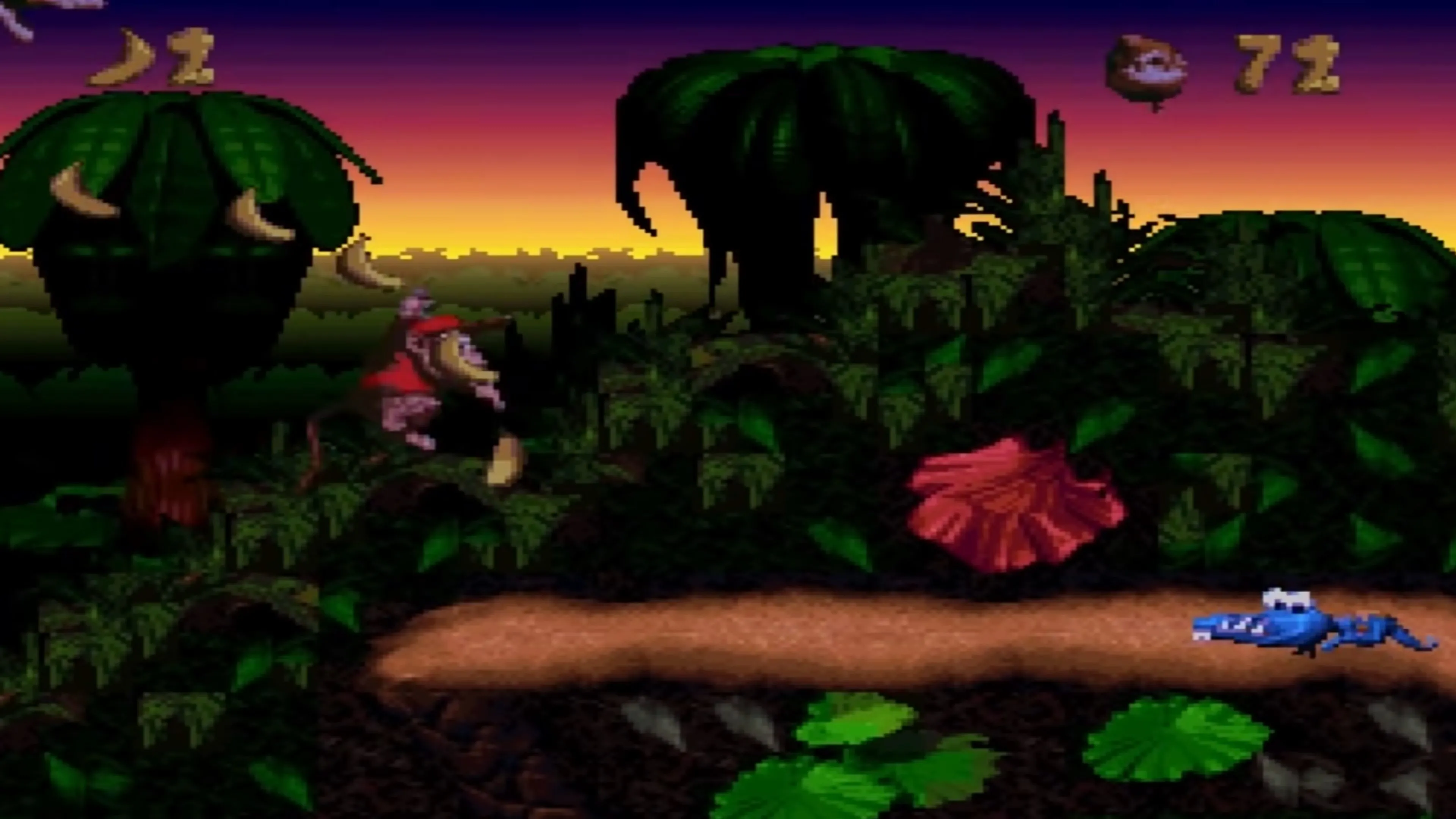 Donkey Kong và Diddy Kong vượt chướng ngại vật trong màn chơi của Donkey Kong Country.