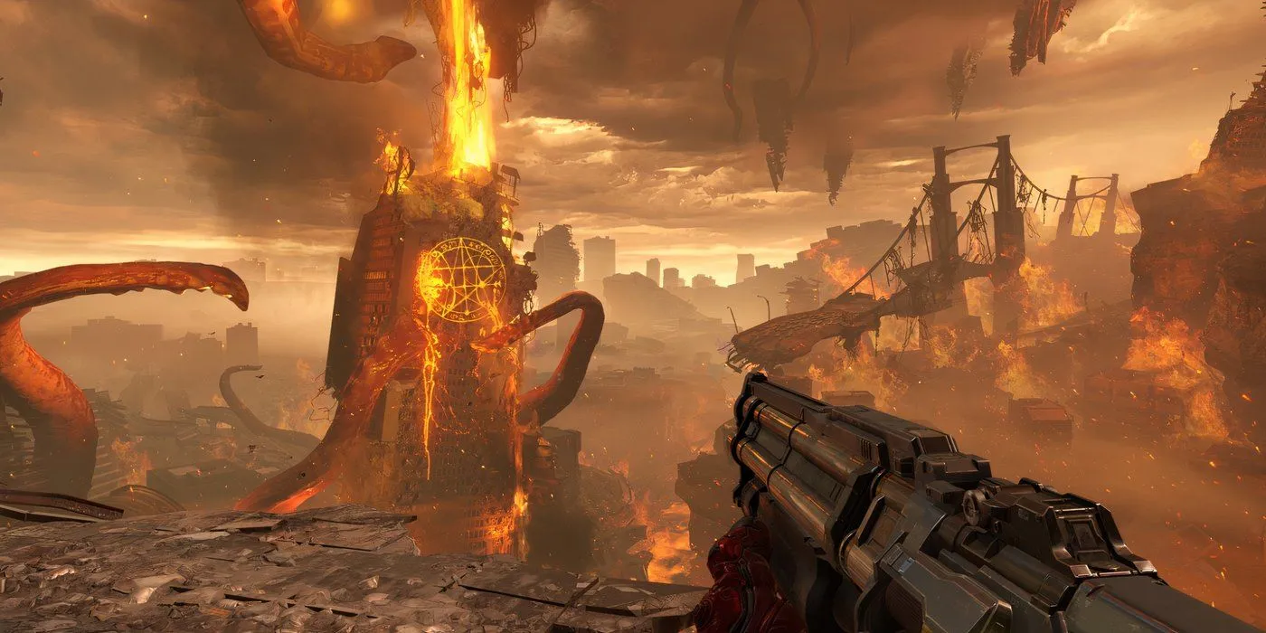 Doom Slayer nhìn ra thành phố đổ nát trên Trái Đất trong DOOM Eternal, thể hiện bối cảnh tận thế
