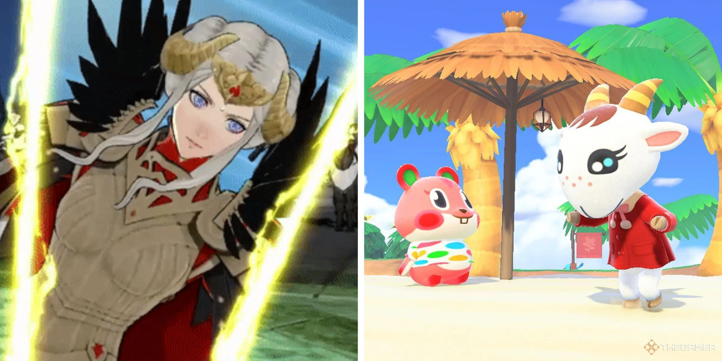 Edelgard tung đòn chí mạng trong Fire Emblem: Three Houses và hai nhân vật Apple cùng Chevre thư giãn trên bãi biển trong Animal Crossing: New Horizons.