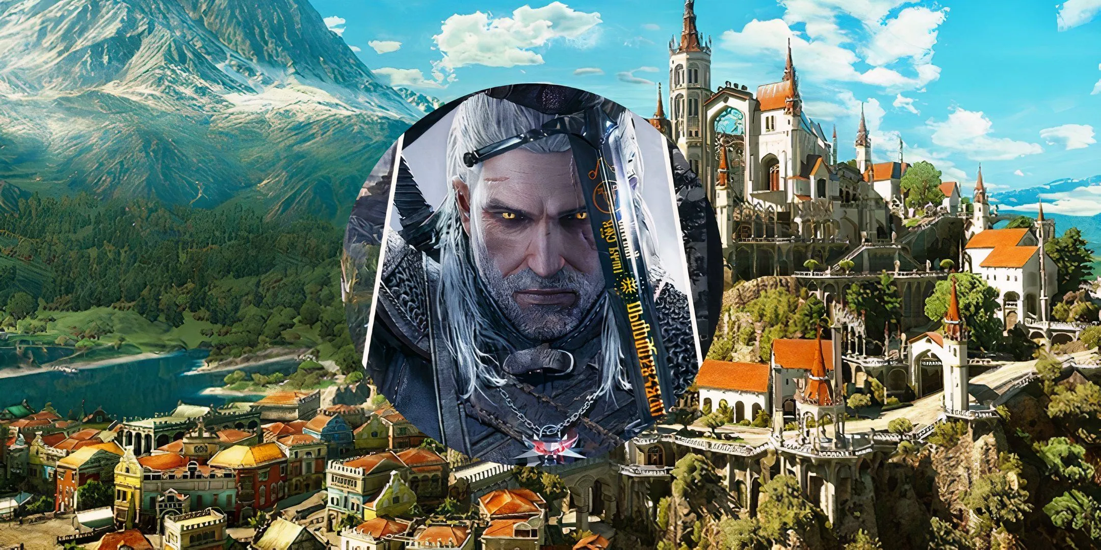 Geralt of Rivia standing in a fantasy cityscape, back to the viewer.