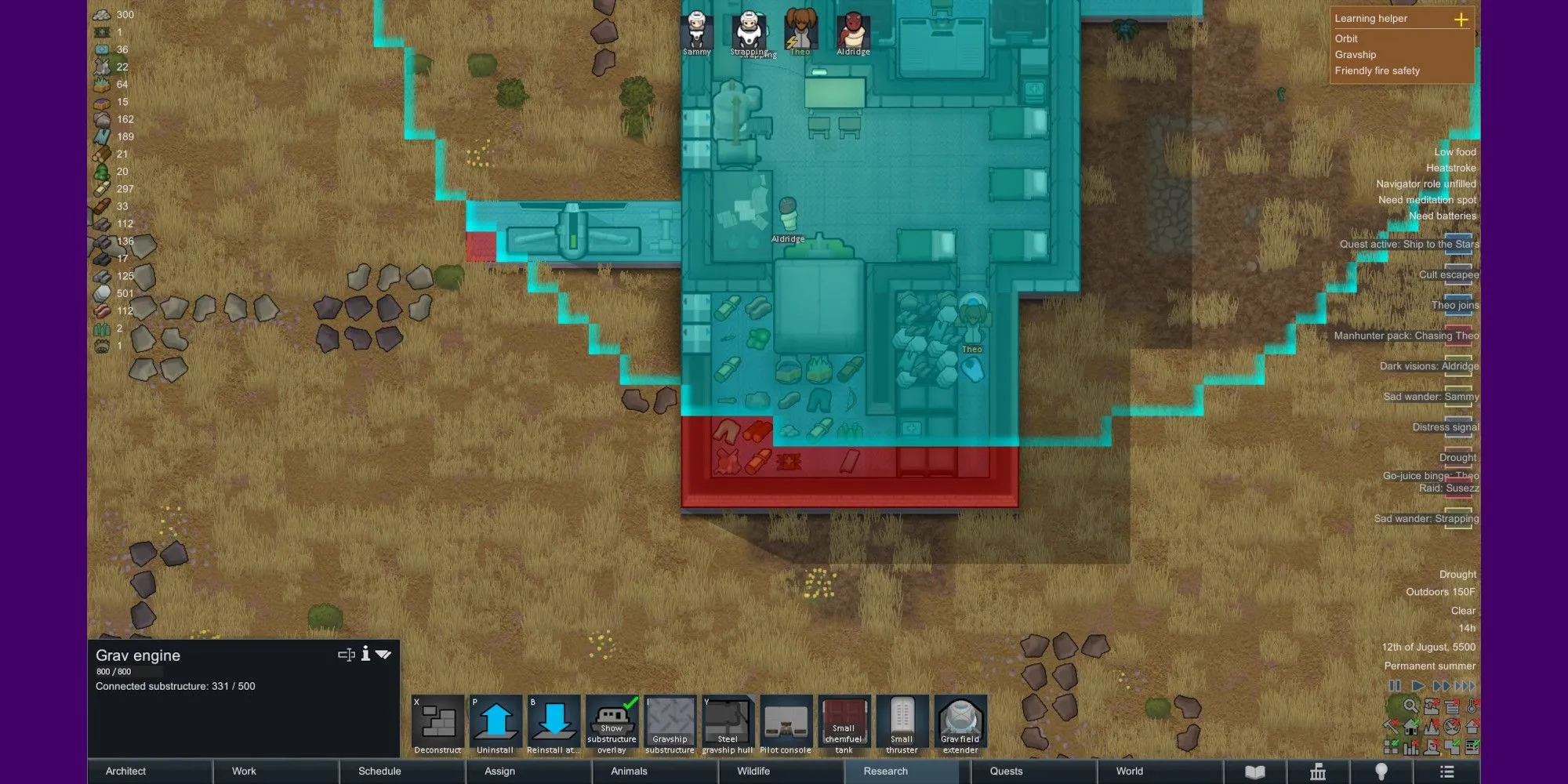 Gravship trong RimWorld Odyssey bị mở rộng quá mức, các cấu trúc phụ nằm ngoài trường trọng lực