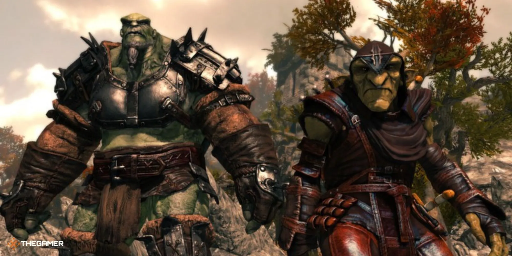Hai nhân vật chính Arkail và Styx, một Orc cơ bắp và một Goblin nhỏ bé, đứng cạnh nhau trong Of Orcs And Men.