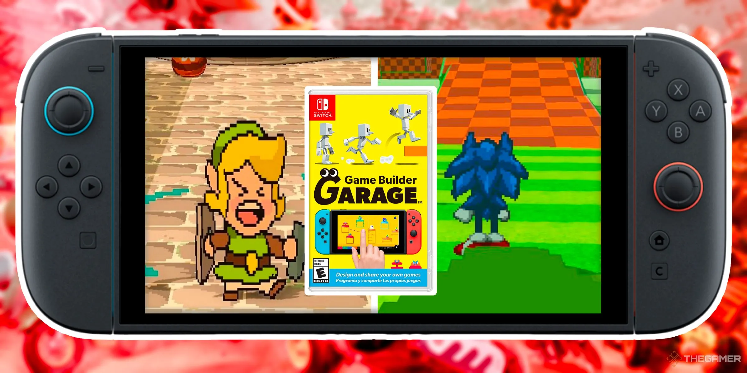 Hai ví dụ game do người chơi tạo trong Game Builder Garage lấy cảm hứng từ Sonic và Zelda, khuyến khích sáng tạo game.