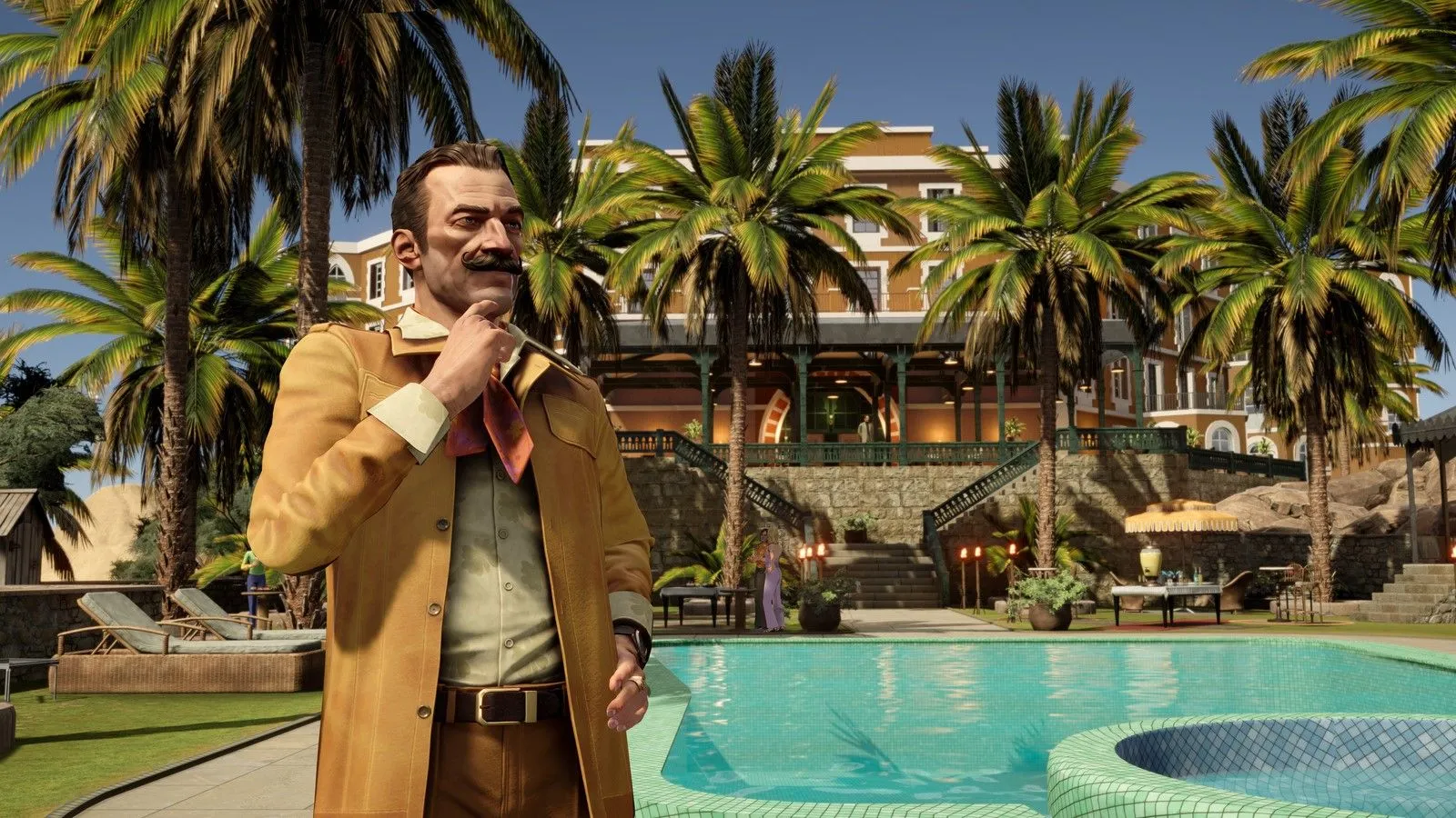 Hercule Poirot trầm tư bên hồ bơi trong game Agatha Christie Death on the Nile, thể hiện phong thái thám tử lừng danh.