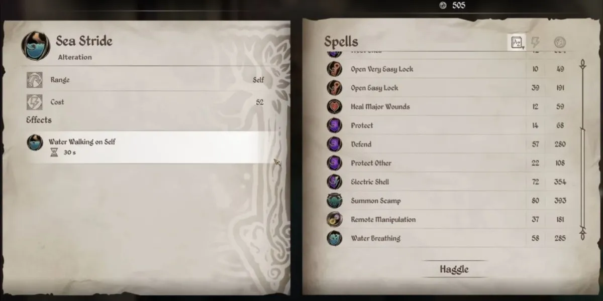 Hiệu ứng phép Sea Stride giúp nhân vật đi trên mặt nước trong game Oblivion Remastered