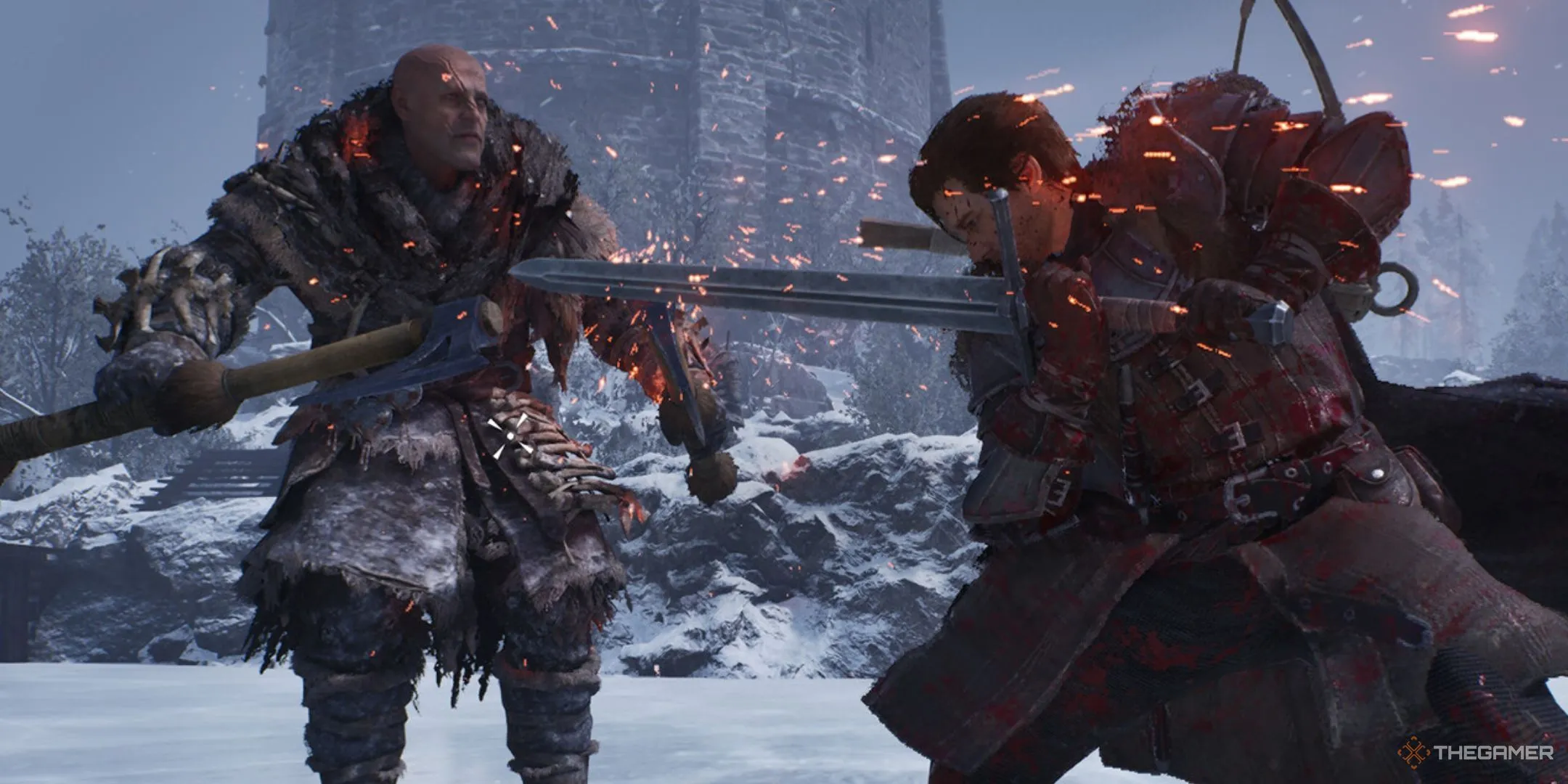 Hình ảnh gameplay Game of Thrones: Kingsroad, thể hiện nhân vật đang chiến đấu với người khổng lồ trong bối cảnh tuyết trắng của Westeros