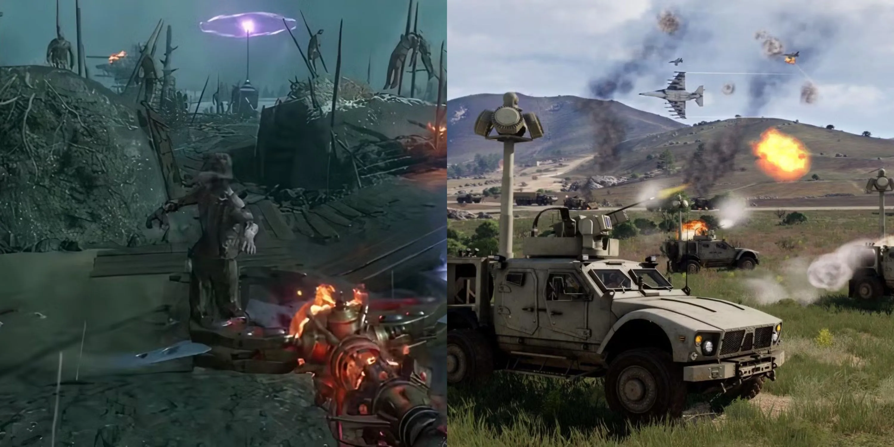 Hình ảnh kết hợp người chơi bắn zombie trong Call of Duty Black Ops 2 và chiến trường rộng lớn trong ARMA 3