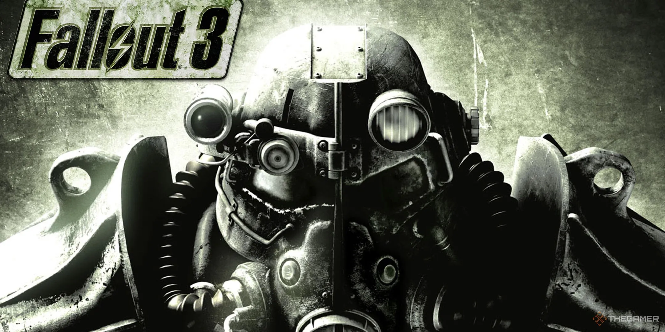 Hình ảnh logo Fallout 3 và cận cảnh bộ Power Armor, biểu tượng của vùng đất hoang tàn.