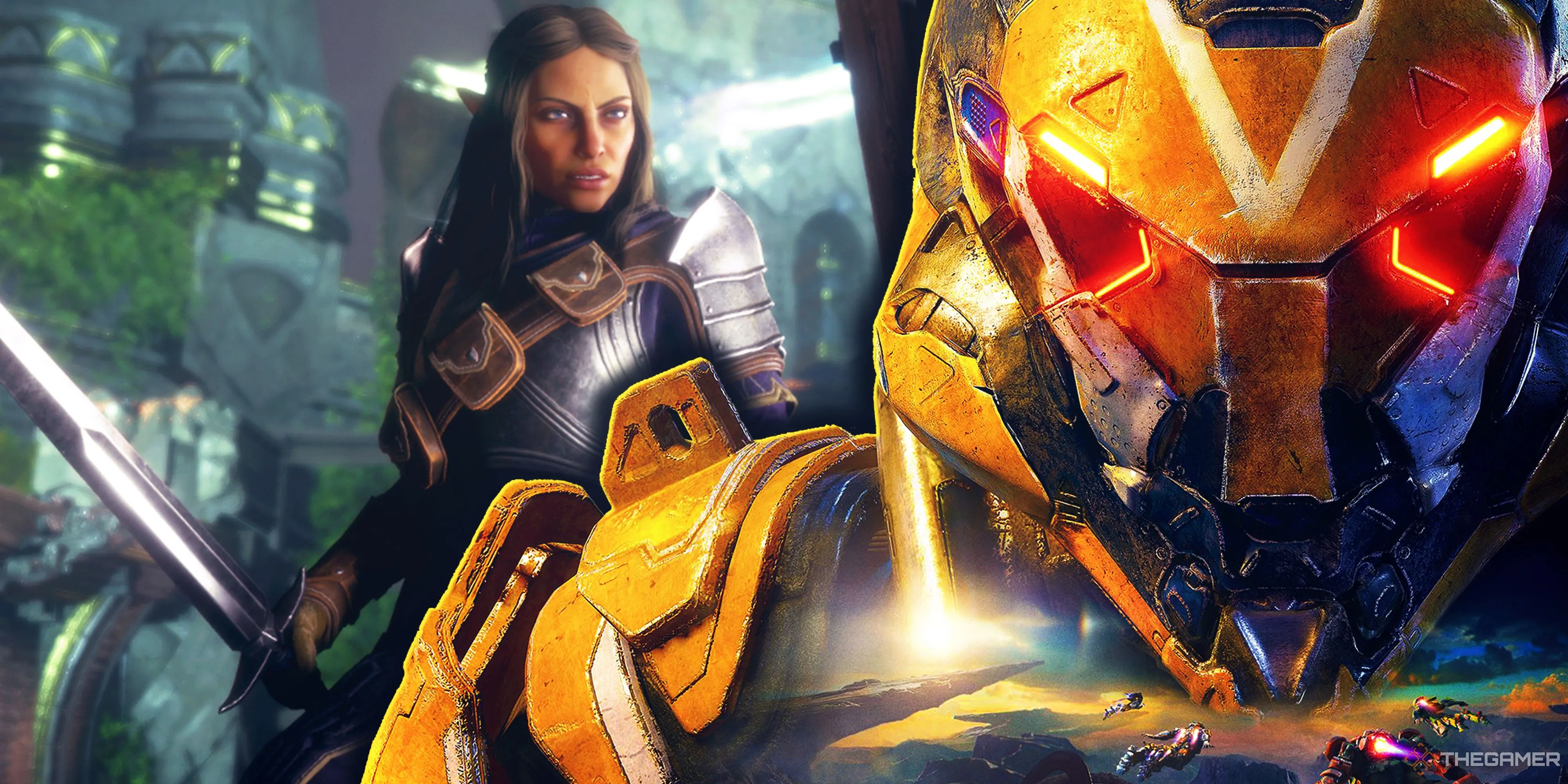 Hình ảnh so sánh giữa trang bị Javelin của game Anthem và một nhân vật trong Dragon Age The Veilguard.