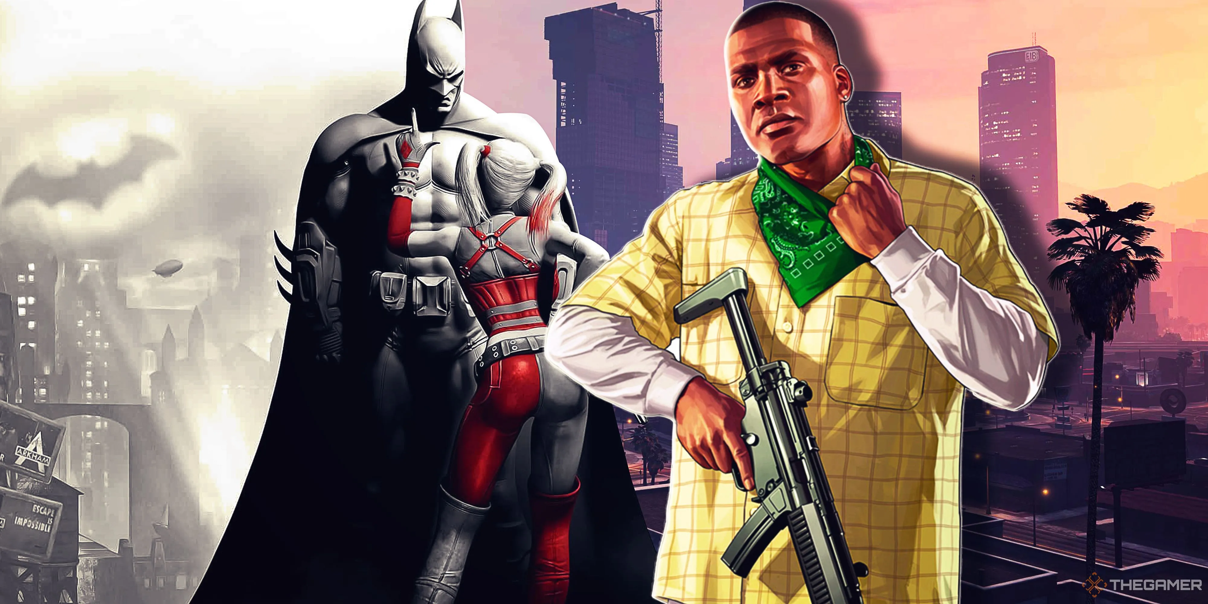 Hình ảnh tổng hợp các thành phố hư cấu nổi bật trong game, bao gồm bối cảnh từ Batman Arkham City và Grand Theft Auto V.