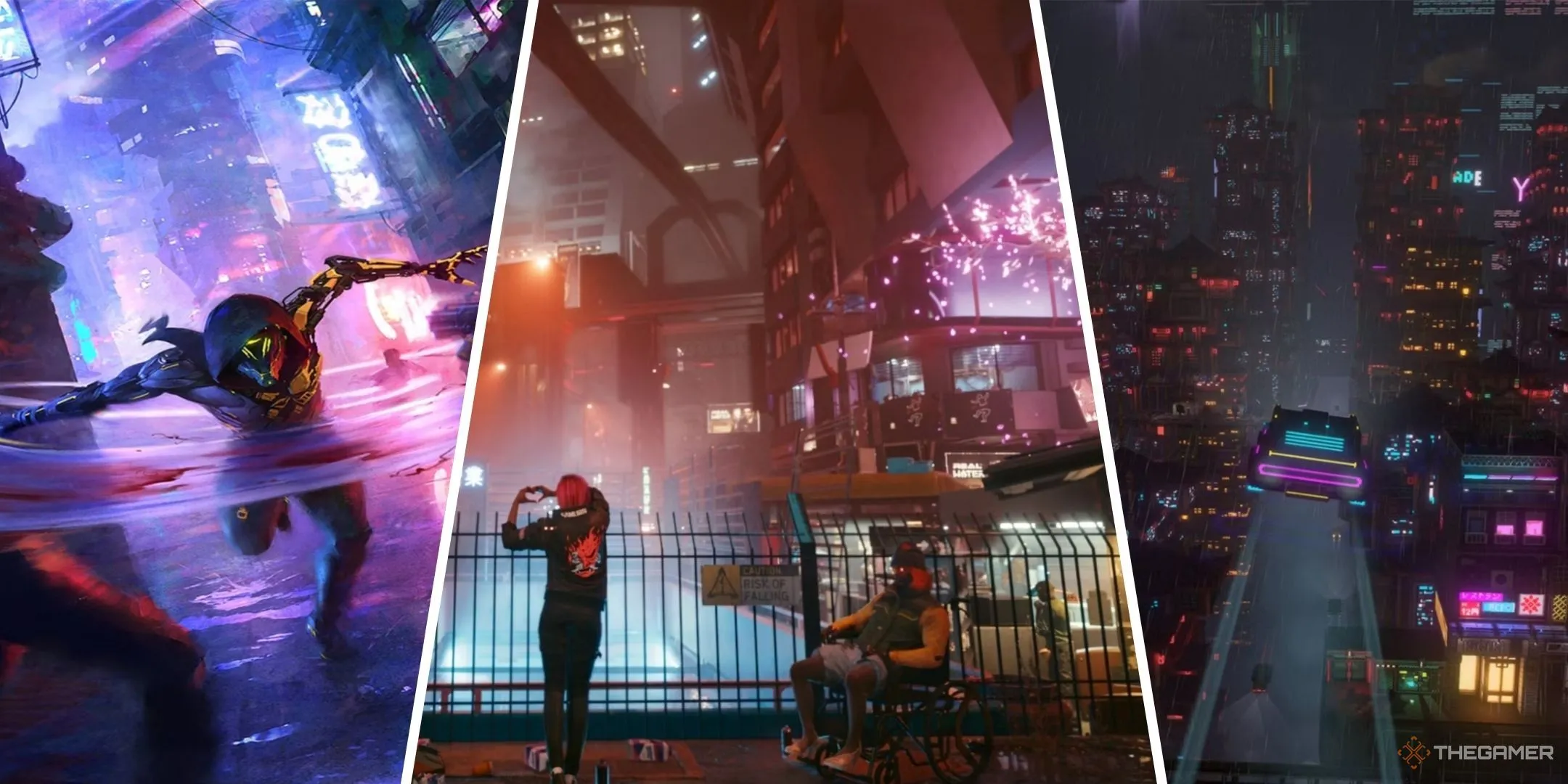 Hình ảnh tổng hợp các tựa game cyberpunk nổi bật gồm Ghostrunner, Cyberpunk 2077 và Cloudpunk, thể hiện không khí công nghệ tương lai.